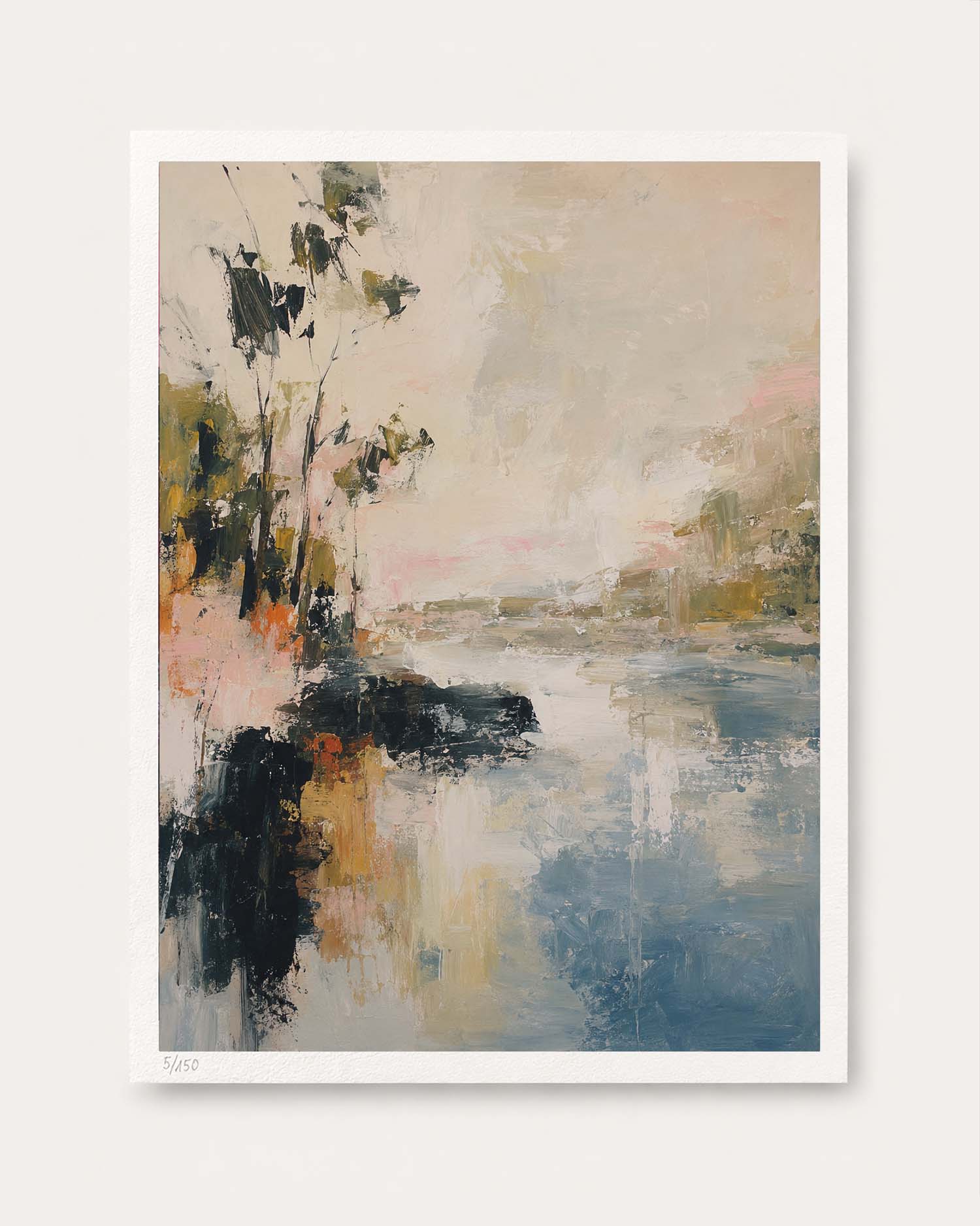 An abstract landscape art print featuring a river or lake scene with trees on the left, rendered in soft brushstrokes of beige, blue, gray, black, and hints of pink and green, presented with a white border on a light background.