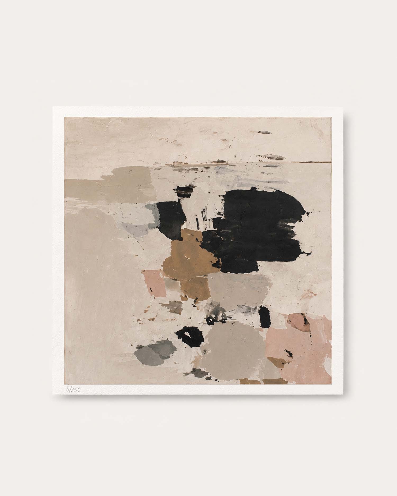 An abstract square art print with a white border, featuring textured brushstrokes in beige, black, brown, gray, and soft pink on a light cream background, displayed against a solid off-white wall.