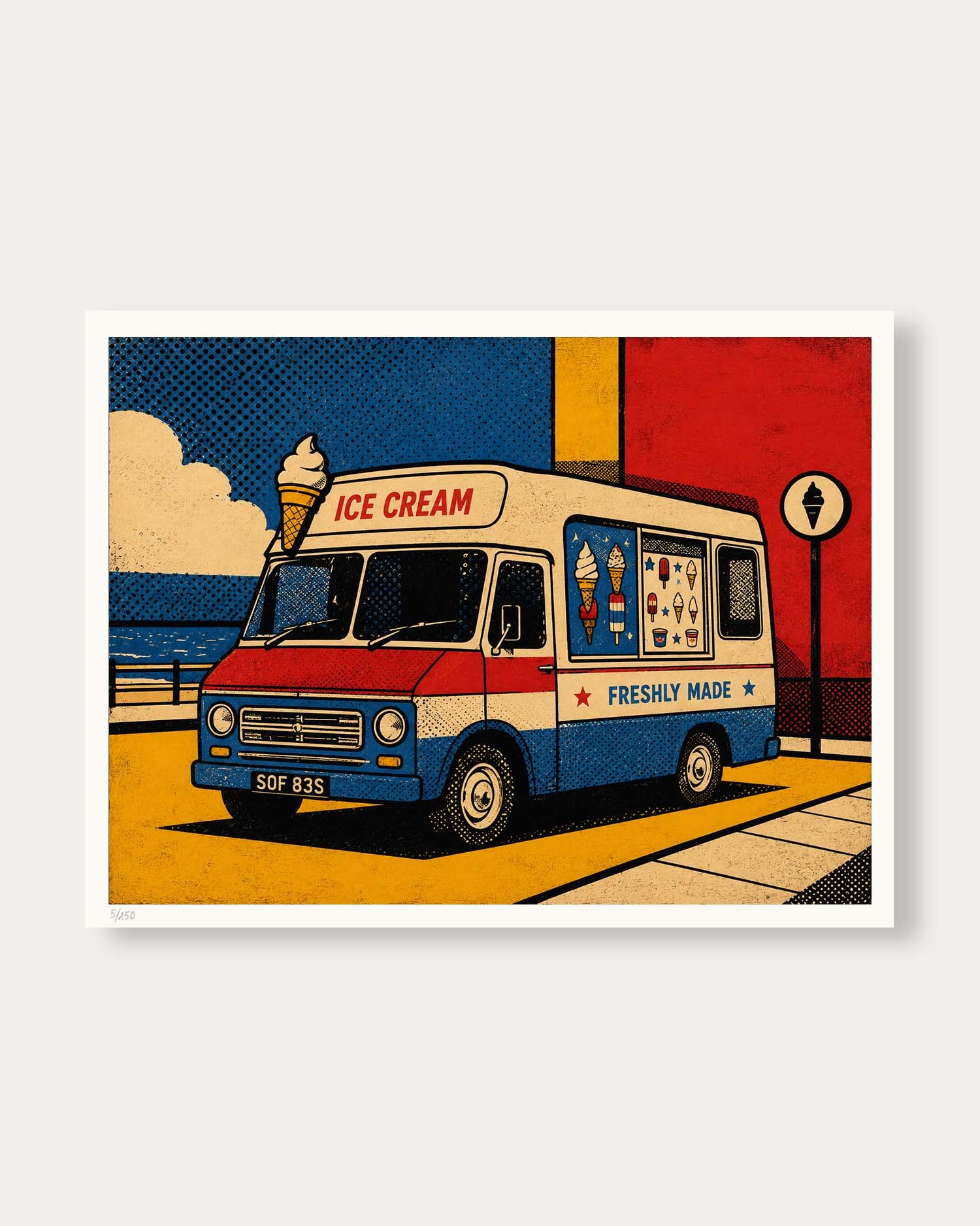 A retro-style art print featuring a vintage ice cream truck on a yellow street, with a blue sky, beach, and bold red and yellow background blocks. The print is shown with a white border against a light gray background.