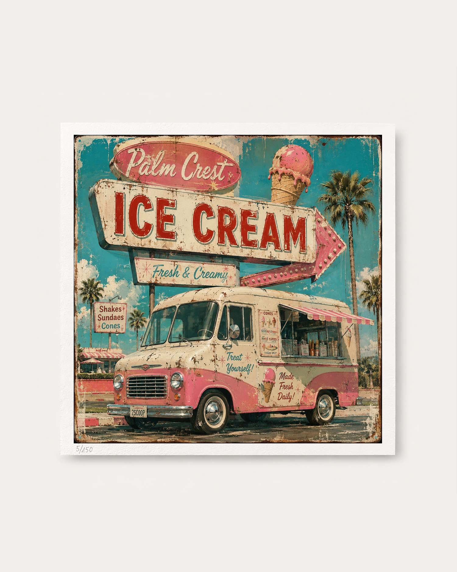 A square wall art print featuring a vintage ice cream truck scene with a large 'Palm Crest ICE CREAM' sign, palm trees, and a turquoise sky, shown against a light gray background.
