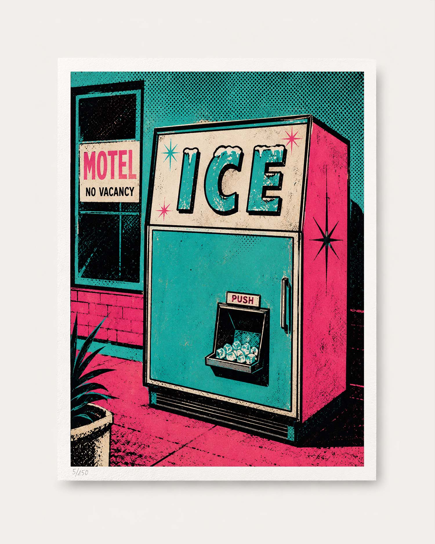 A retro-style art print featuring a vintage ice machine in a motel lobby, rendered in bold teal, hot pink, cream, and black tones with a white border around the print.
