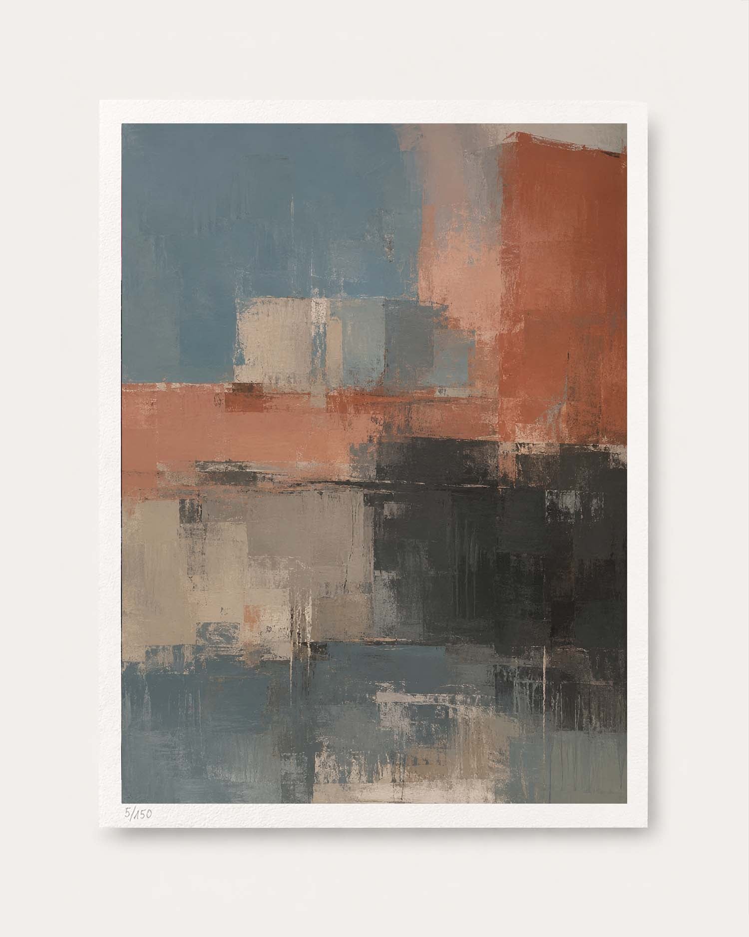 An abstract art print featuring a modern geometric composition with blocks of slate blue, terracotta orange, charcoal gray, and beige, presented on a clean white background.