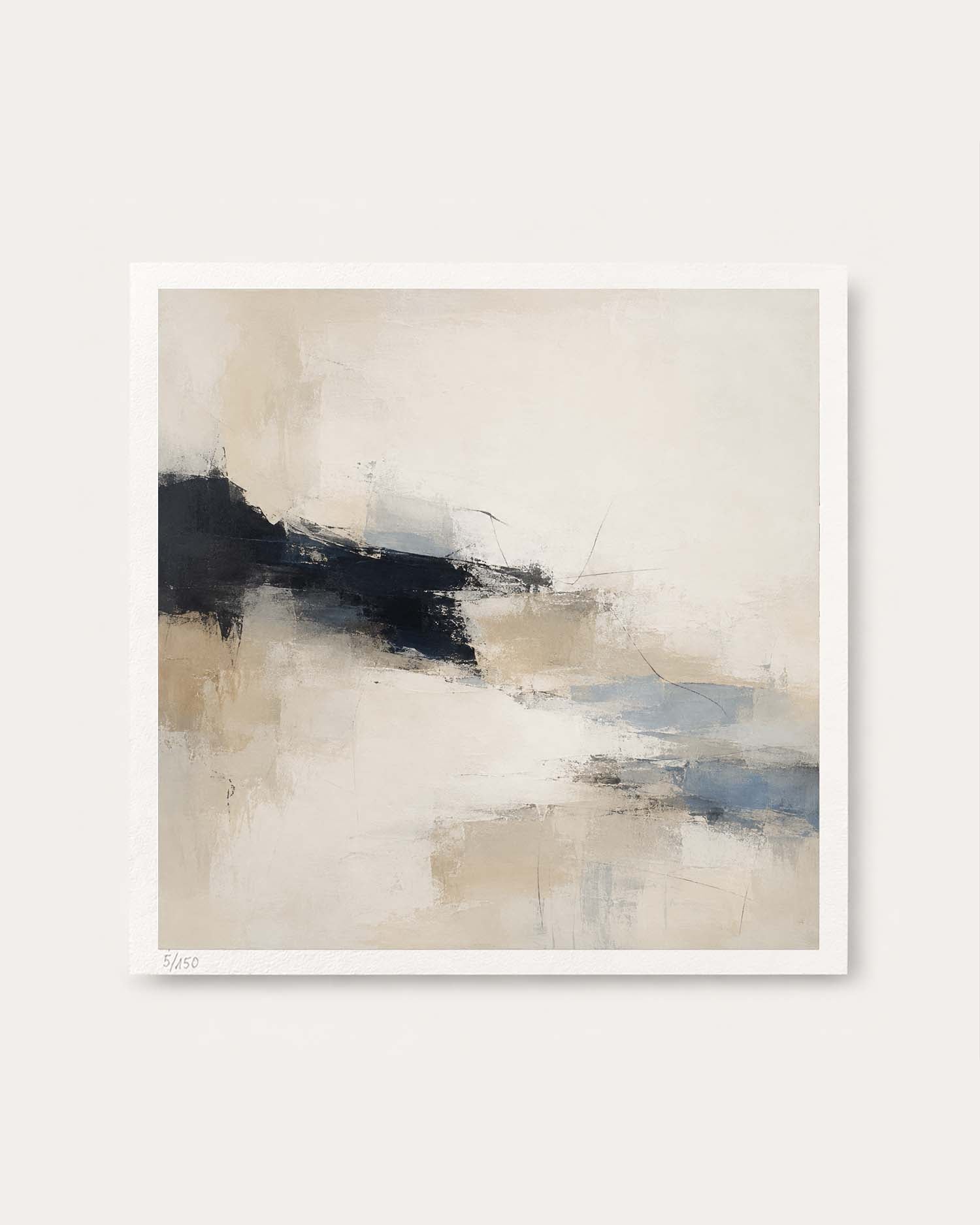 An abstract square wall art print with a white border, featuring soft beige, cream, black, and muted blue brushstrokes, shown against a light neutral background.