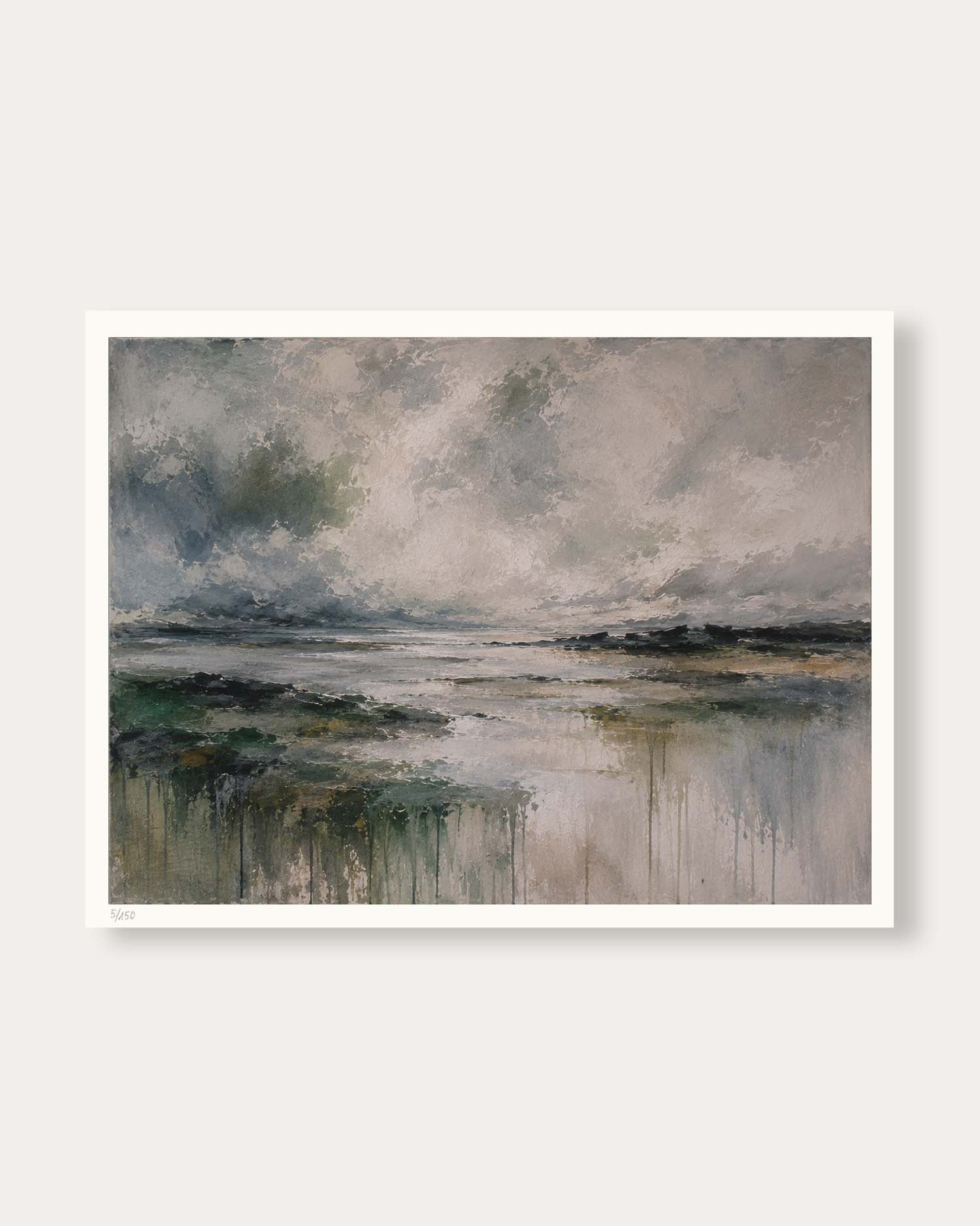 An abstract landscape painting of a misty coastal or marshy scene, featuring muted tones of gray, green, beige, and brown, presented with a white border on a light gray background.