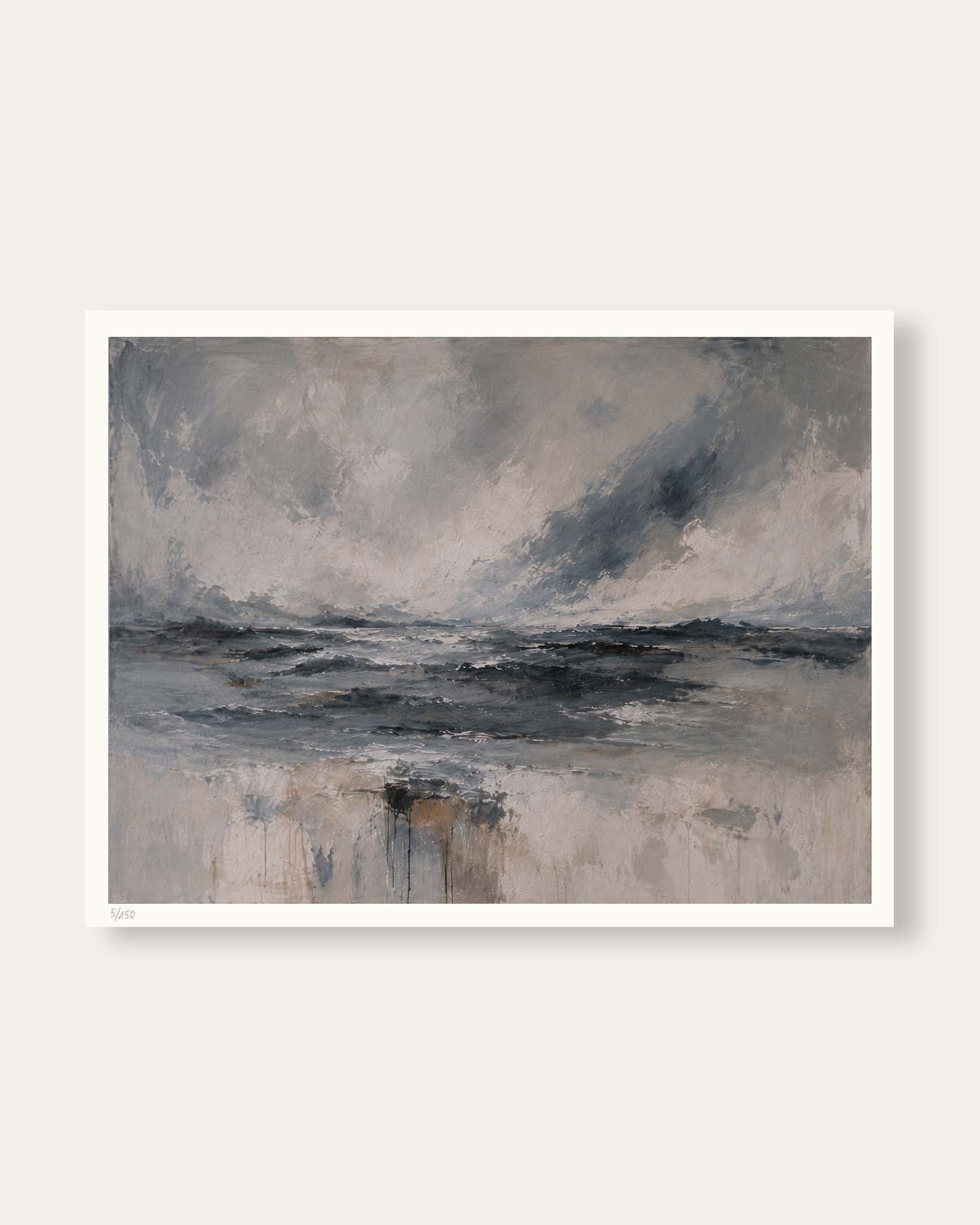 An abstract landscape painting of a stormy sea or river, featuring textured brushstrokes in gray, black, and beige tones, presented with a white border on a light gray background.