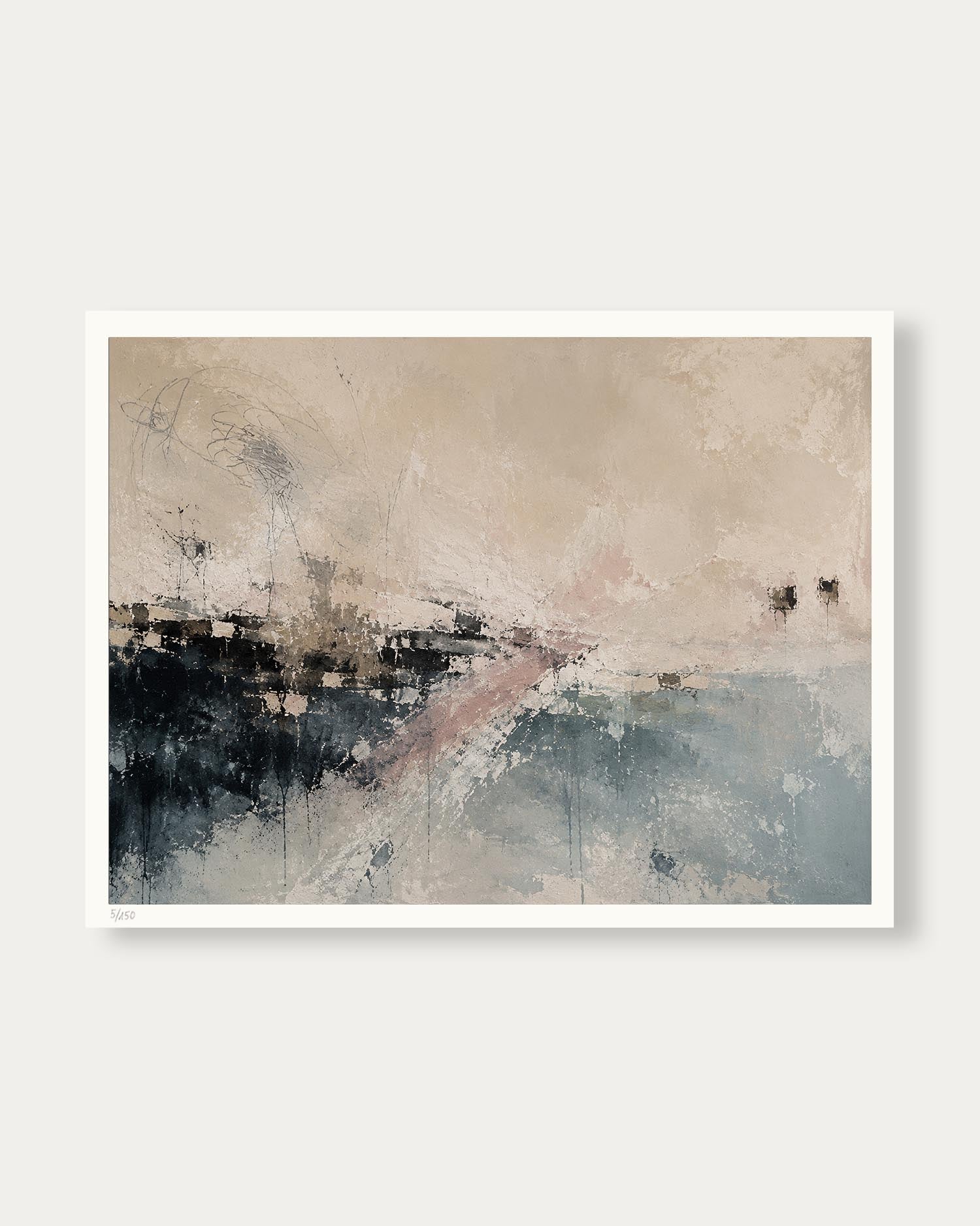 An abstract canvas wall art print featuring textured brushstrokes in beige, slate blue, charcoal gray, and soft pink, displayed with a white border on a light gray background.