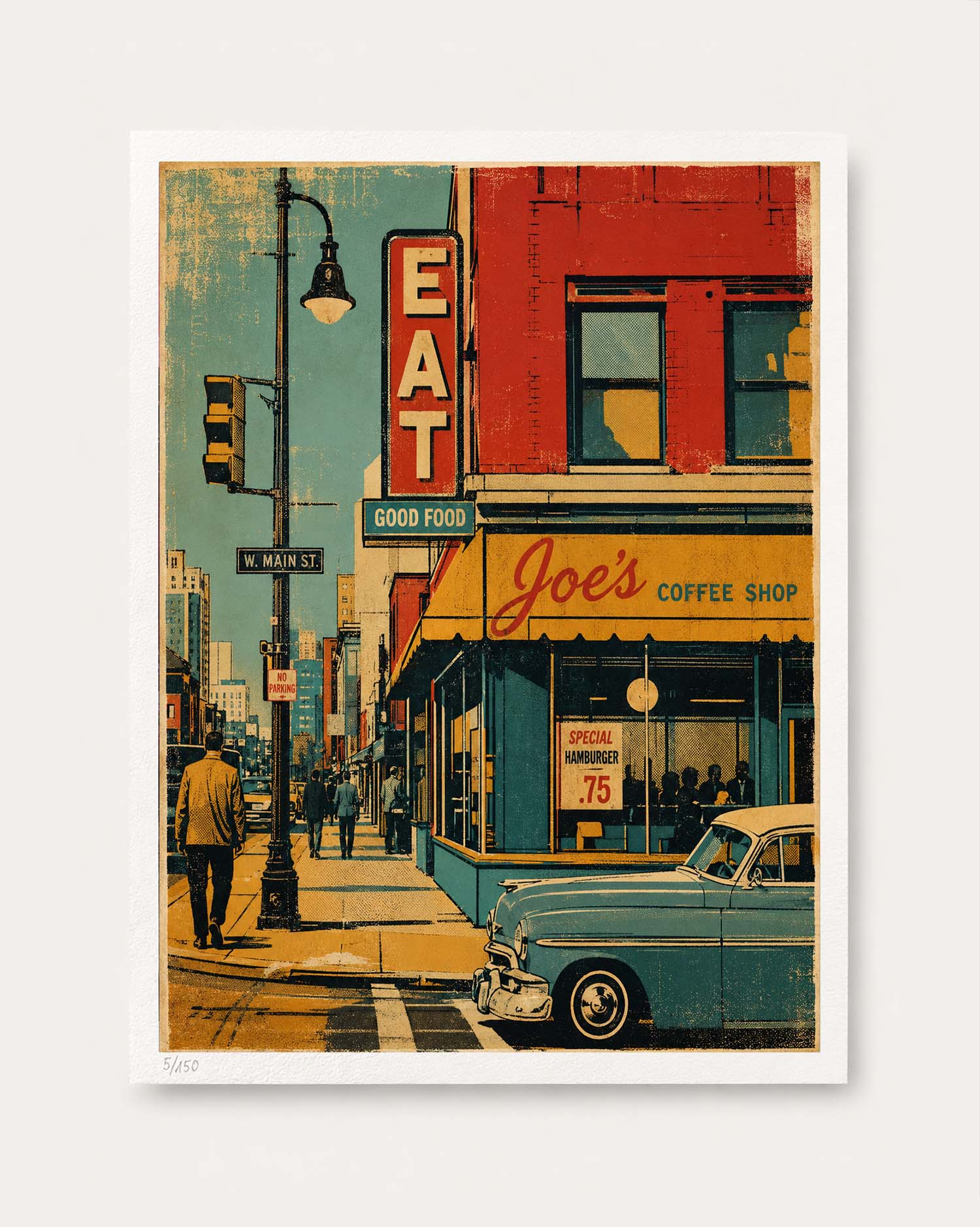 A vintage-style art print depicting a city street scene with a red brick building labeled 'Joe's Coffee Shop,' a blue car, pedestrians, and a streetlamp, shown against a light neutral background.