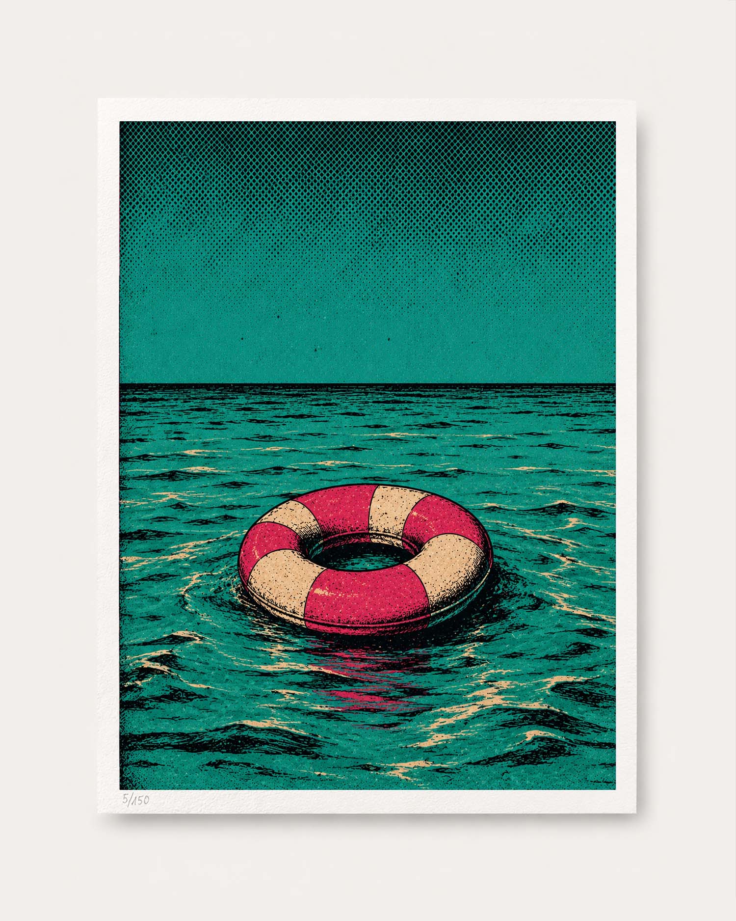 A square art print featuring a red and beige life preserver floating on teal ocean water under a matching teal sky, presented with a white border on a light gray background.