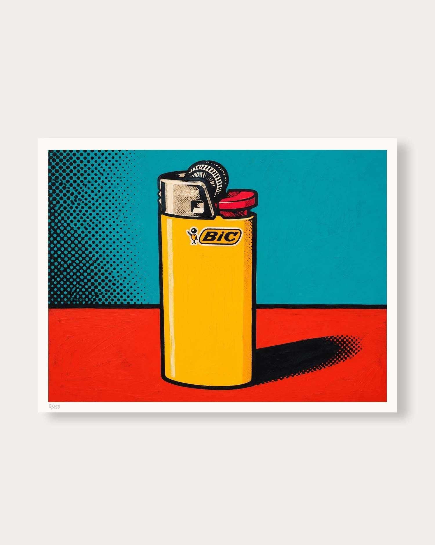 A pop art style print of a BIC lighter, featuring a yellow lighter with a red cap and silver nozzle, set against a split teal and red background with halftone dot patterns.