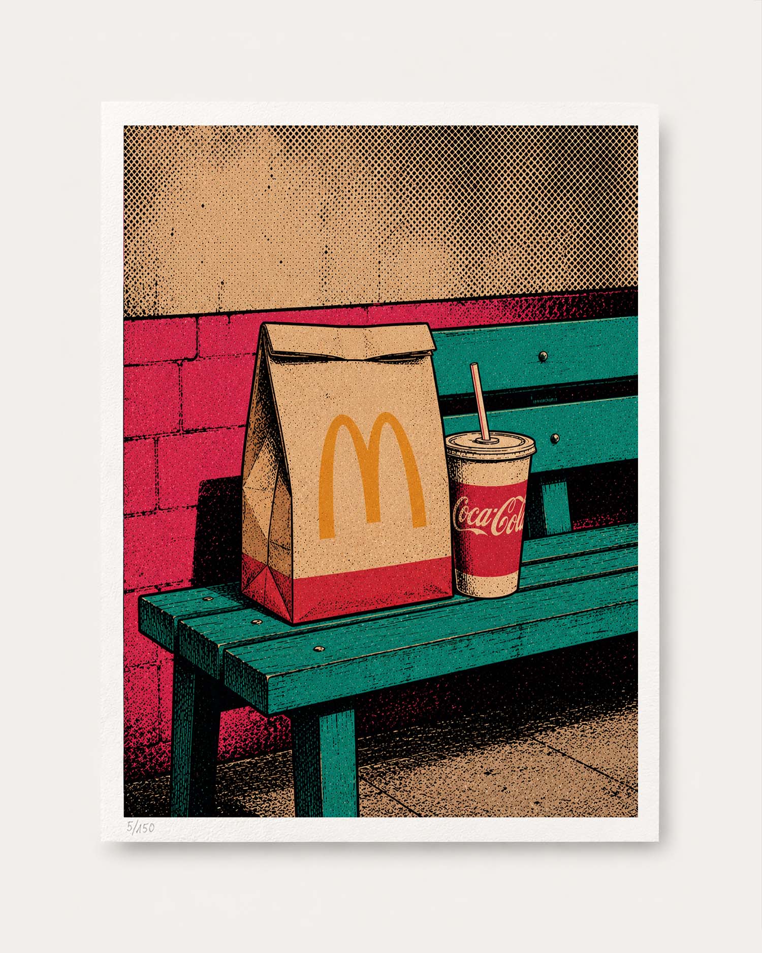 A pop art style print featuring a McDonald's paper bag and a Coca-Cola cup on a green bench against a red brick wall, presented as a framed poster on a light gray background.