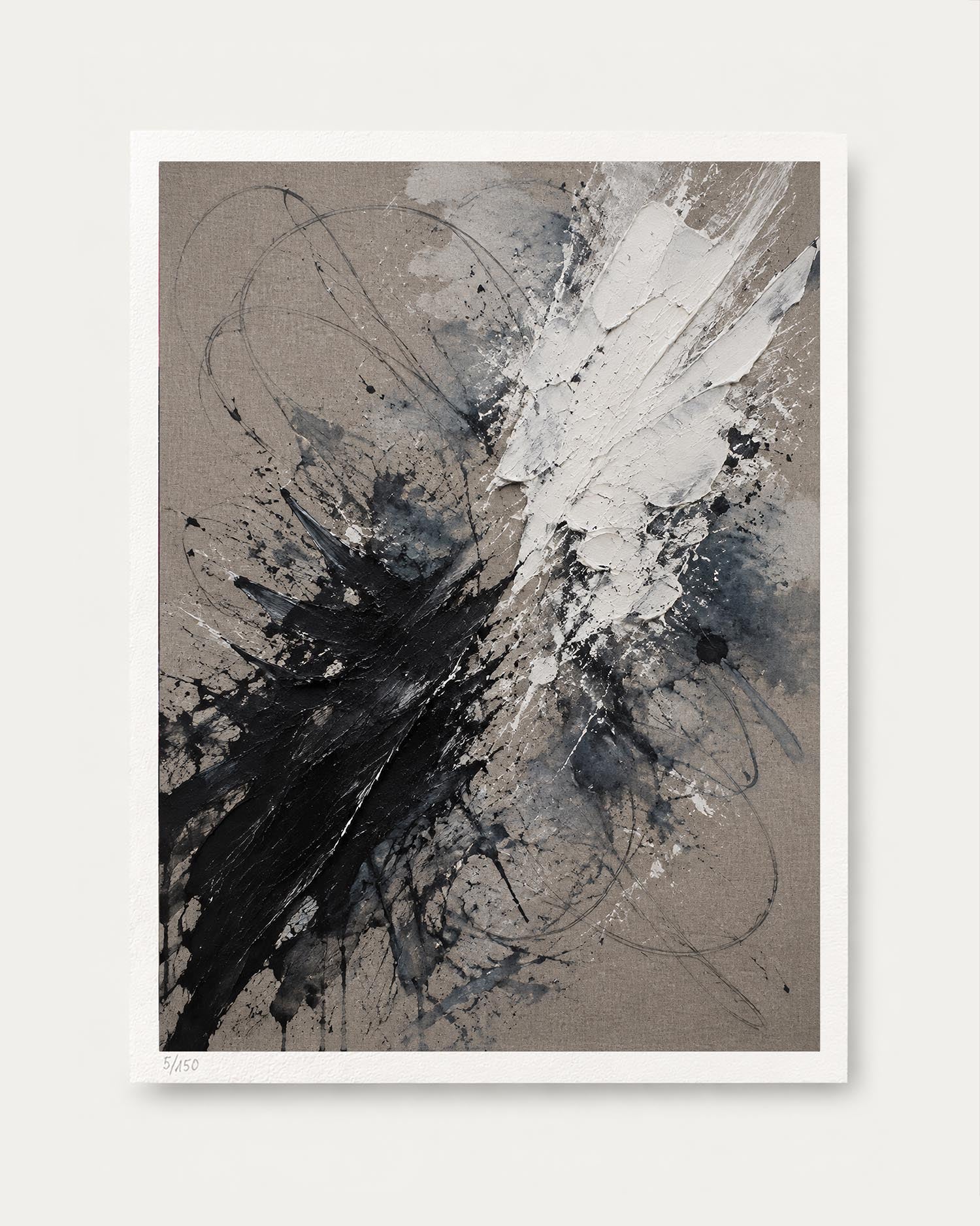 An abstract art print featuring a dynamic composition of black, white, and gray paint splatters and brushstrokes on a textured taupe background, presented with a clean white border against a light gray wall.