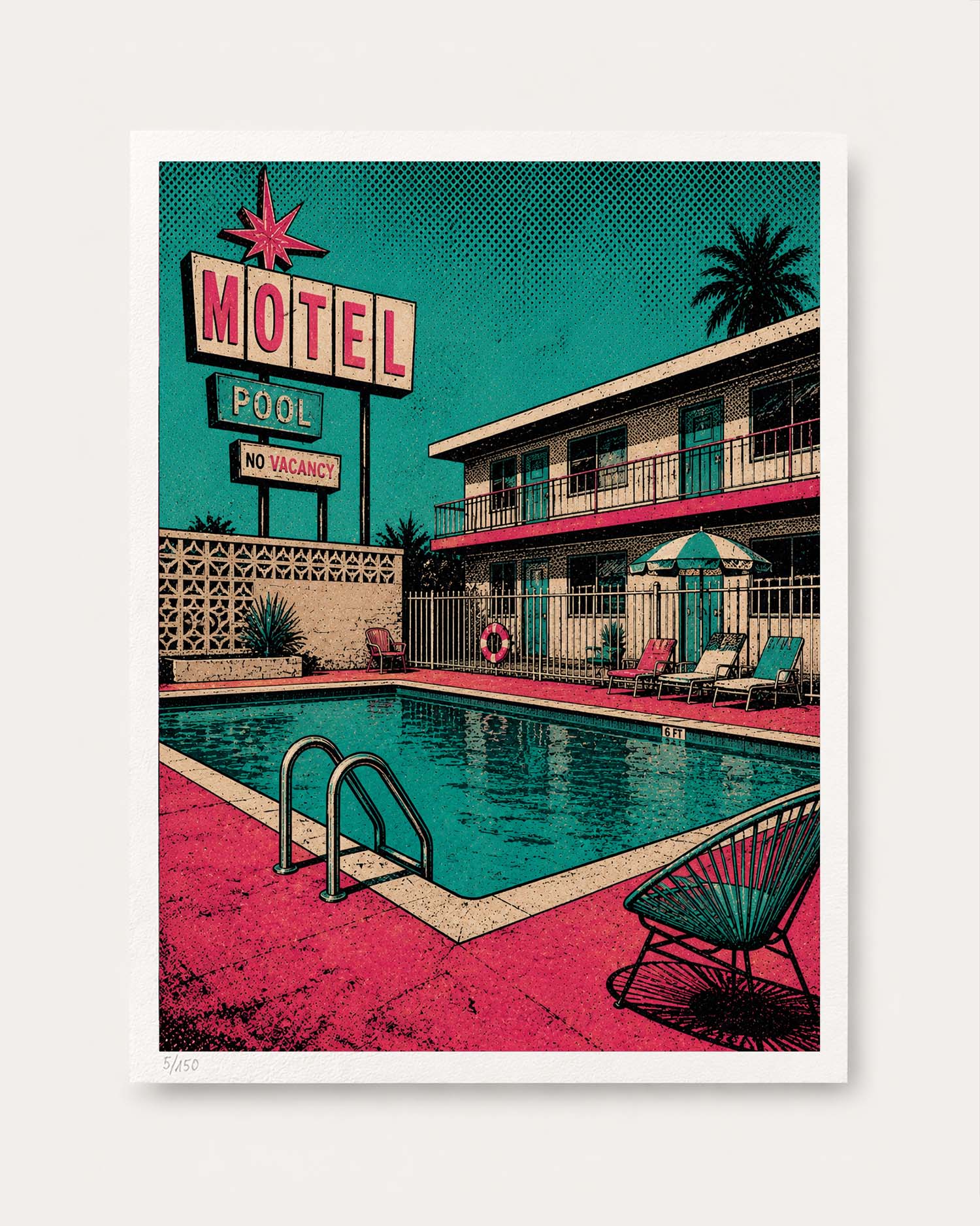 A retro-style art print depicting a mid-century motel pool scene with a turquoise pool, pink deck, two-story motel building, and a large 'MOTEL POOL' sign, shown against a light gray background.