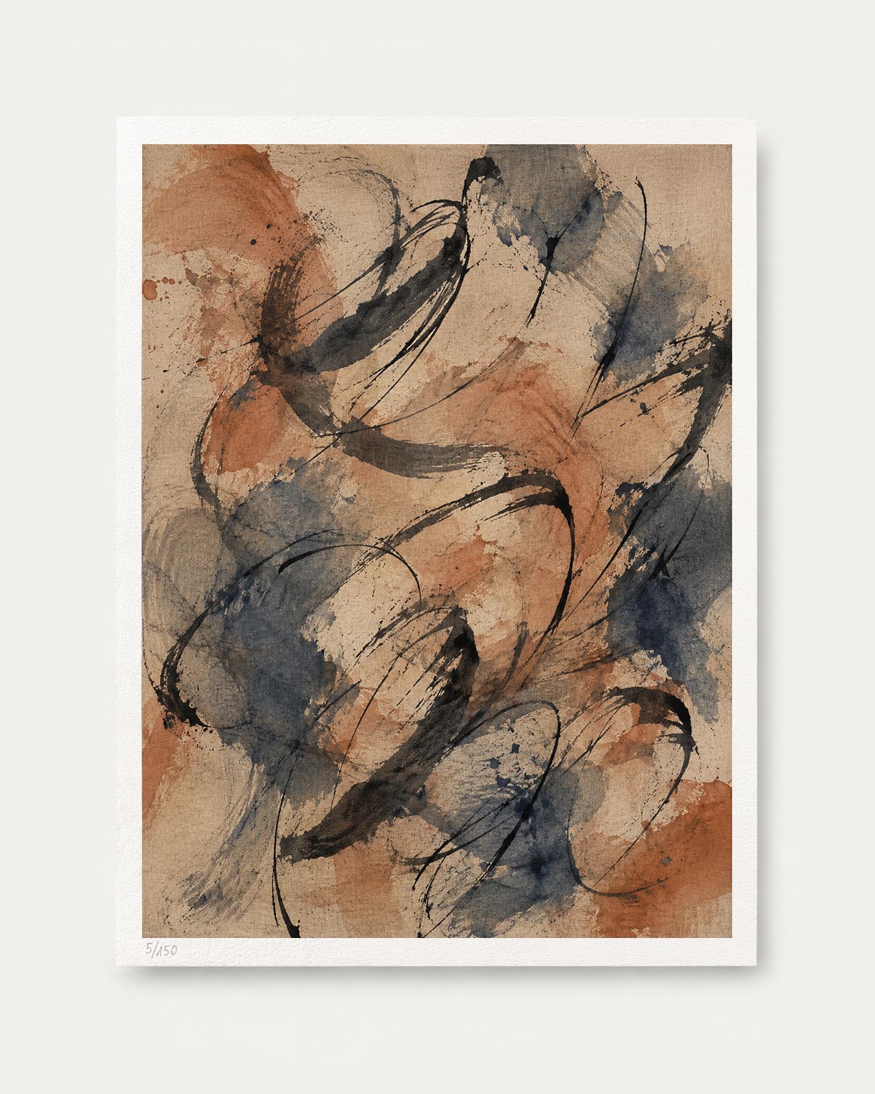 An abstract art print featuring expressive, fluid brushstrokes in black, slate blue, and terracotta orange on a textured beige background, presented with a clean white border against a light gray wall.