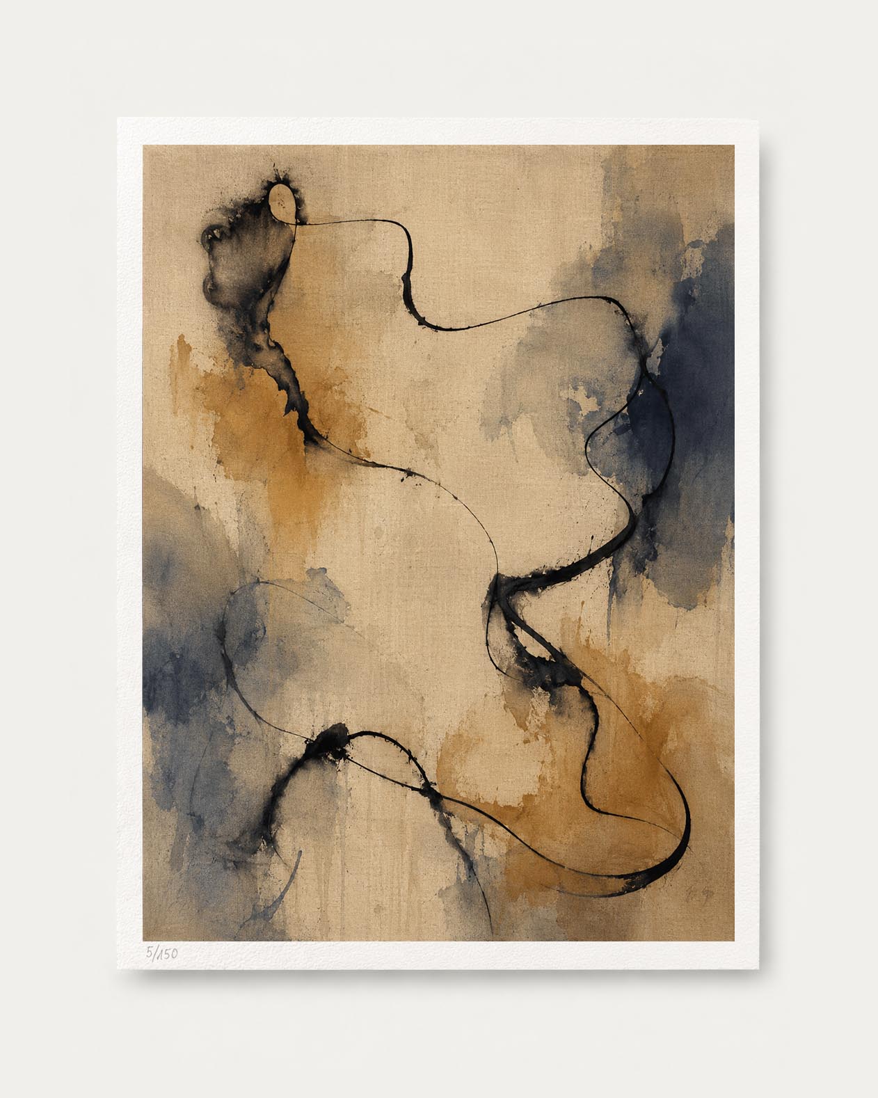 An abstract art print featuring flowing, organic black ink-like lines over a textured beige background with watercolor washes in slate blue and warm brown, presented with a white border on a light gray background.