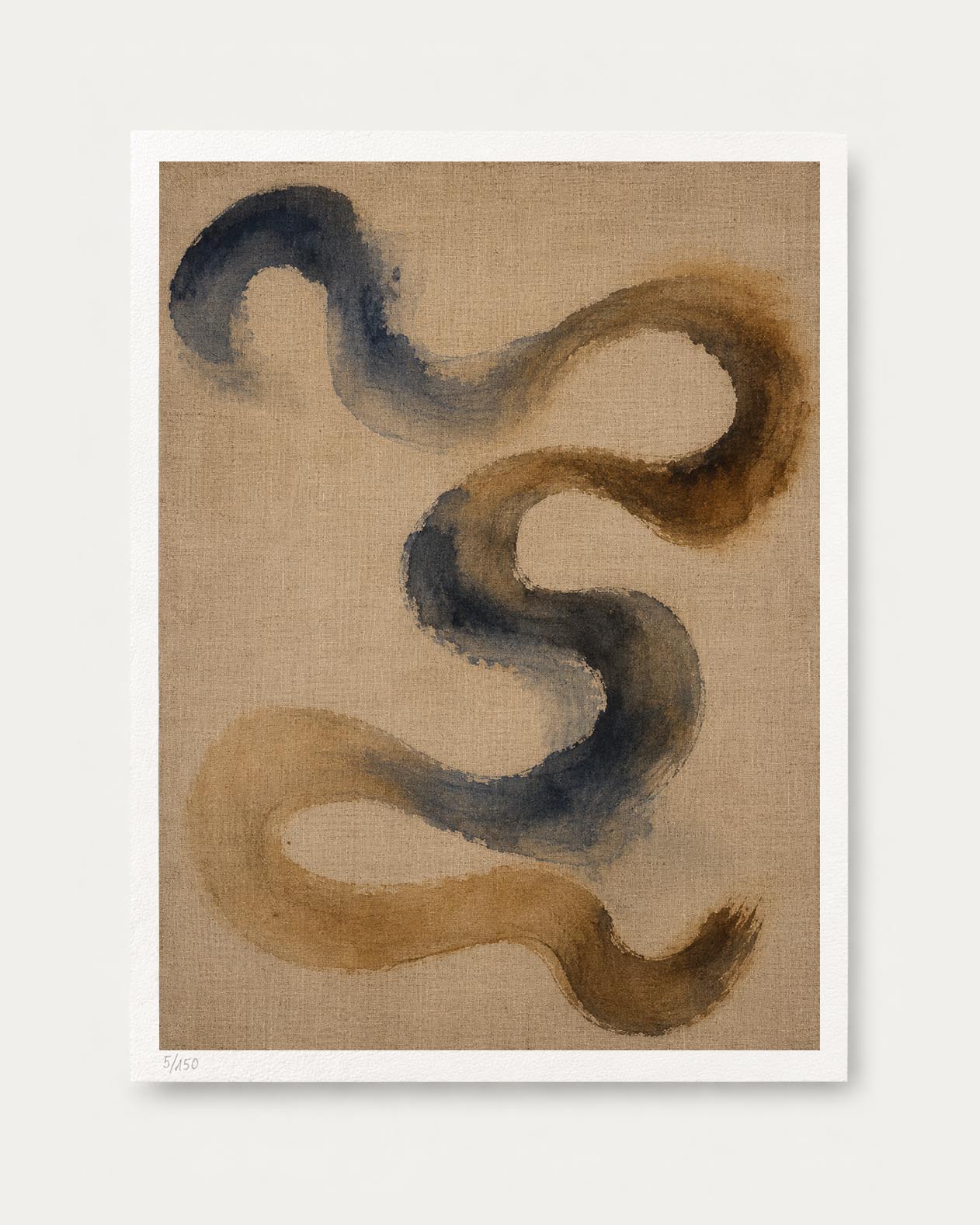 An abstract art print featuring flowing, snake-like brushstrokes in dark blue-gray and warm brown on a textured tan background, presented with a white border against a light gray wall.