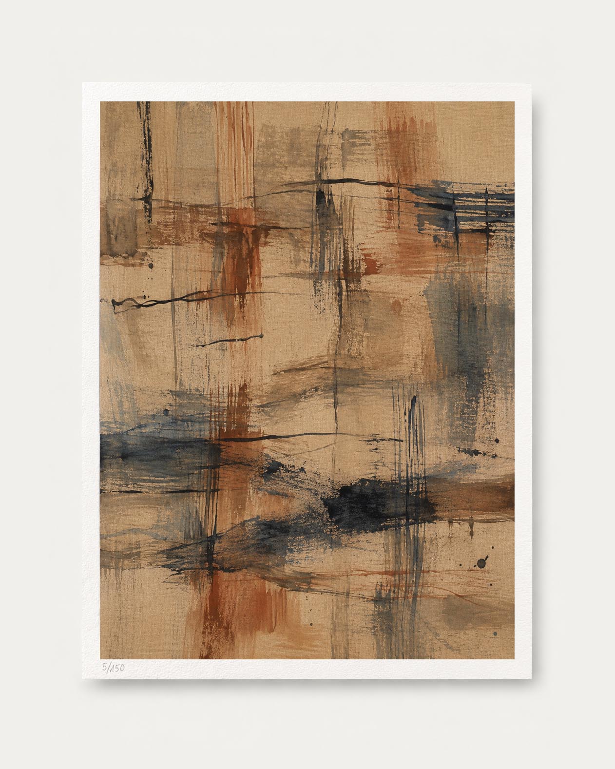 An abstract art print featuring a textured composition of beige, terracotta, gray, and black brushstrokes, presented with a white border on a light gray background.