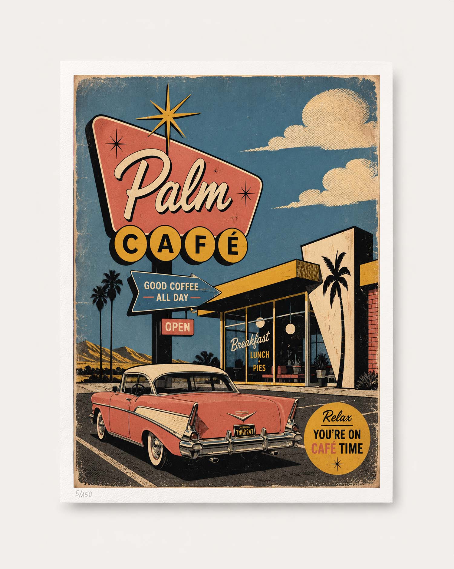 A retro-style illustrated poster for Palm Cafe, featuring a vintage pink car parked in front of the cafe, a large starburst sign, palm trees, and a blue sky with clouds. The poster is shown against a plain white background.