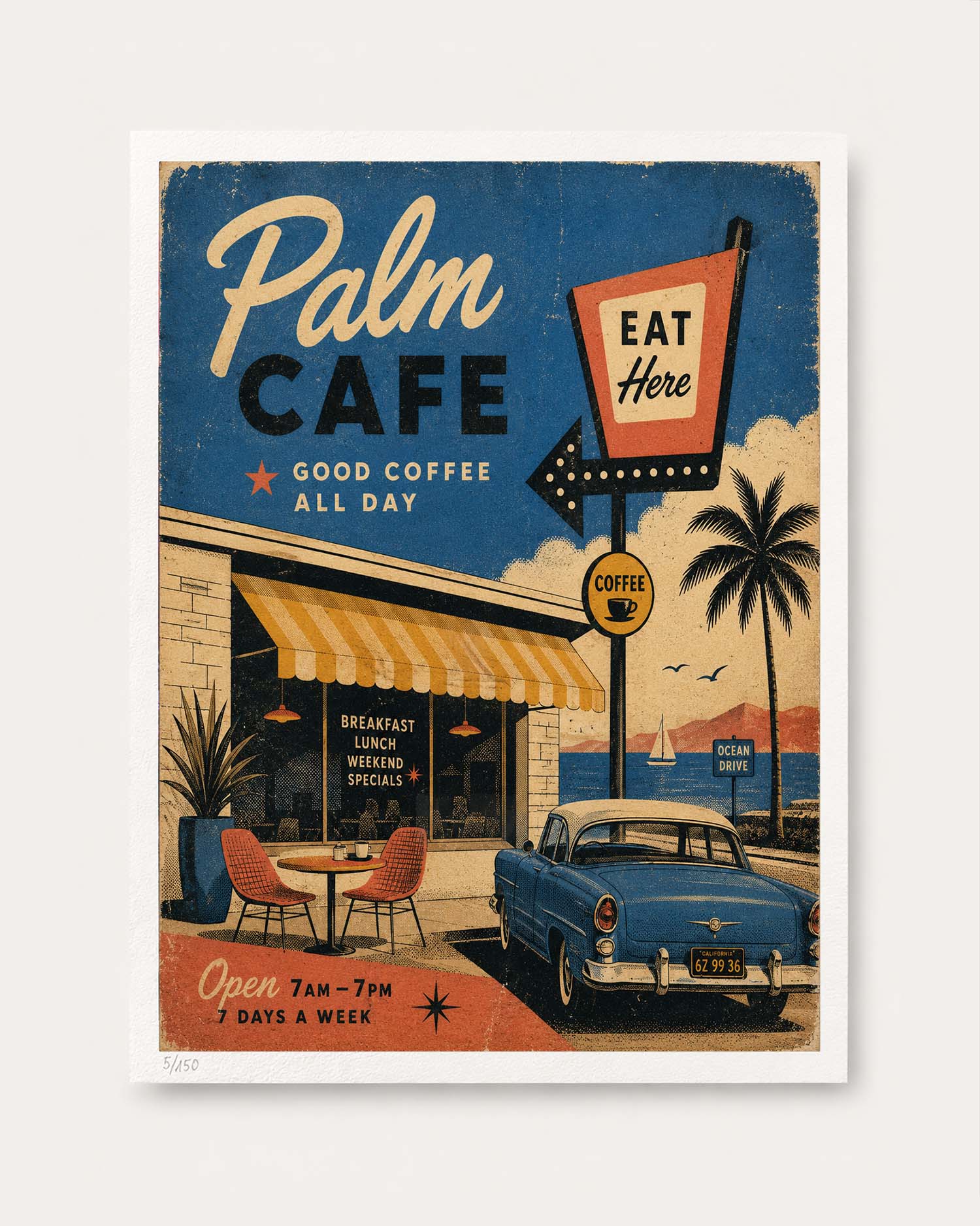 A retro-style vintage cafe poster print featuring a blue car, palm trees, a striped awning, and bold text reading 'Palm CAFE' and 'EAT Here', shown against a light neutral background.