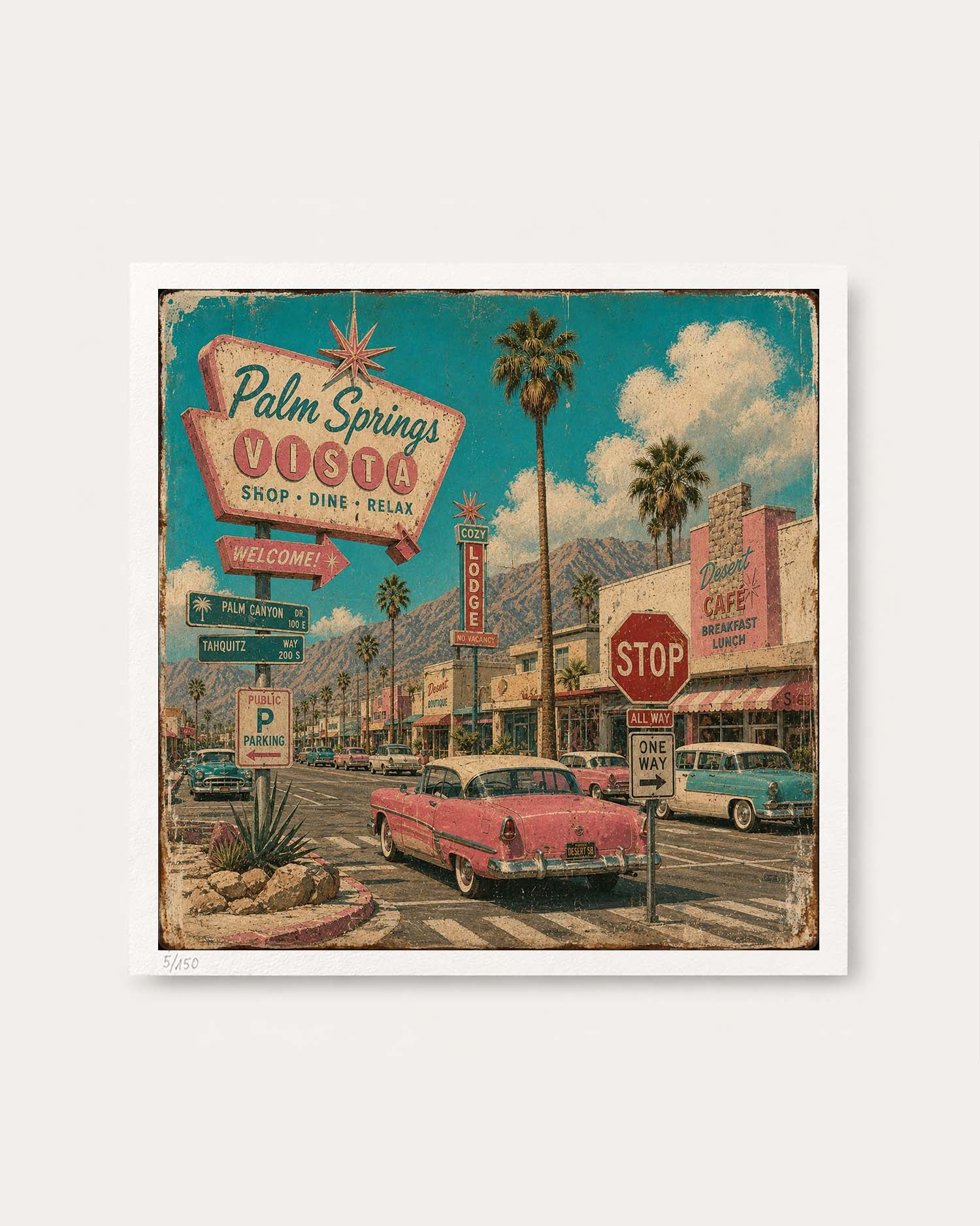 A square wall art print featuring a retro 1950s desert street scene with palm trees, vintage cars, and signs including Palm Springs Vistazo, shown against a light gray background.