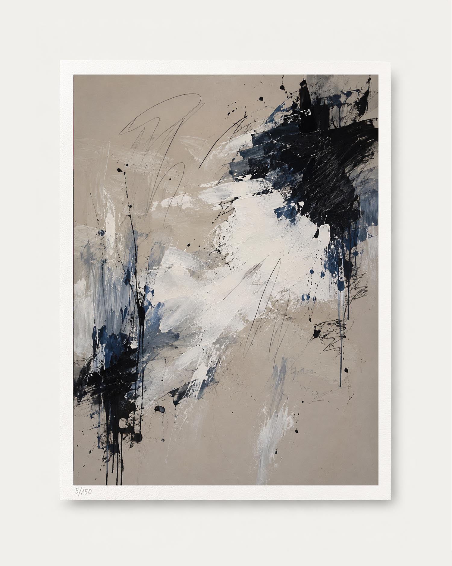 An abstract art print featuring a composition of black, navy, white, and beige paint splatters and brushstrokes, presented with a white border on a light gray background.