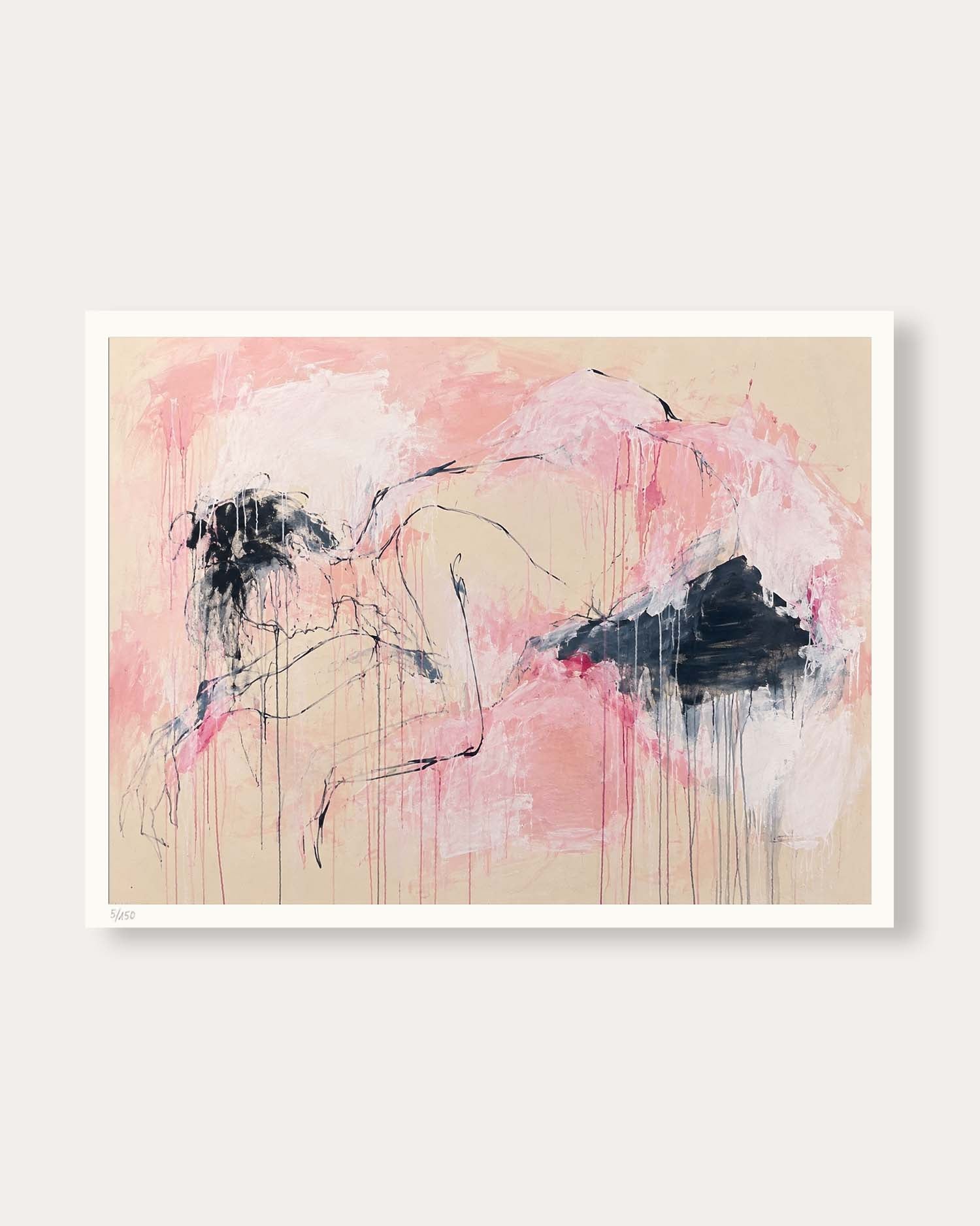 An abstract art print featuring a nude female figure in pink, beige, and black tones, presented with a white border on a light gray background.