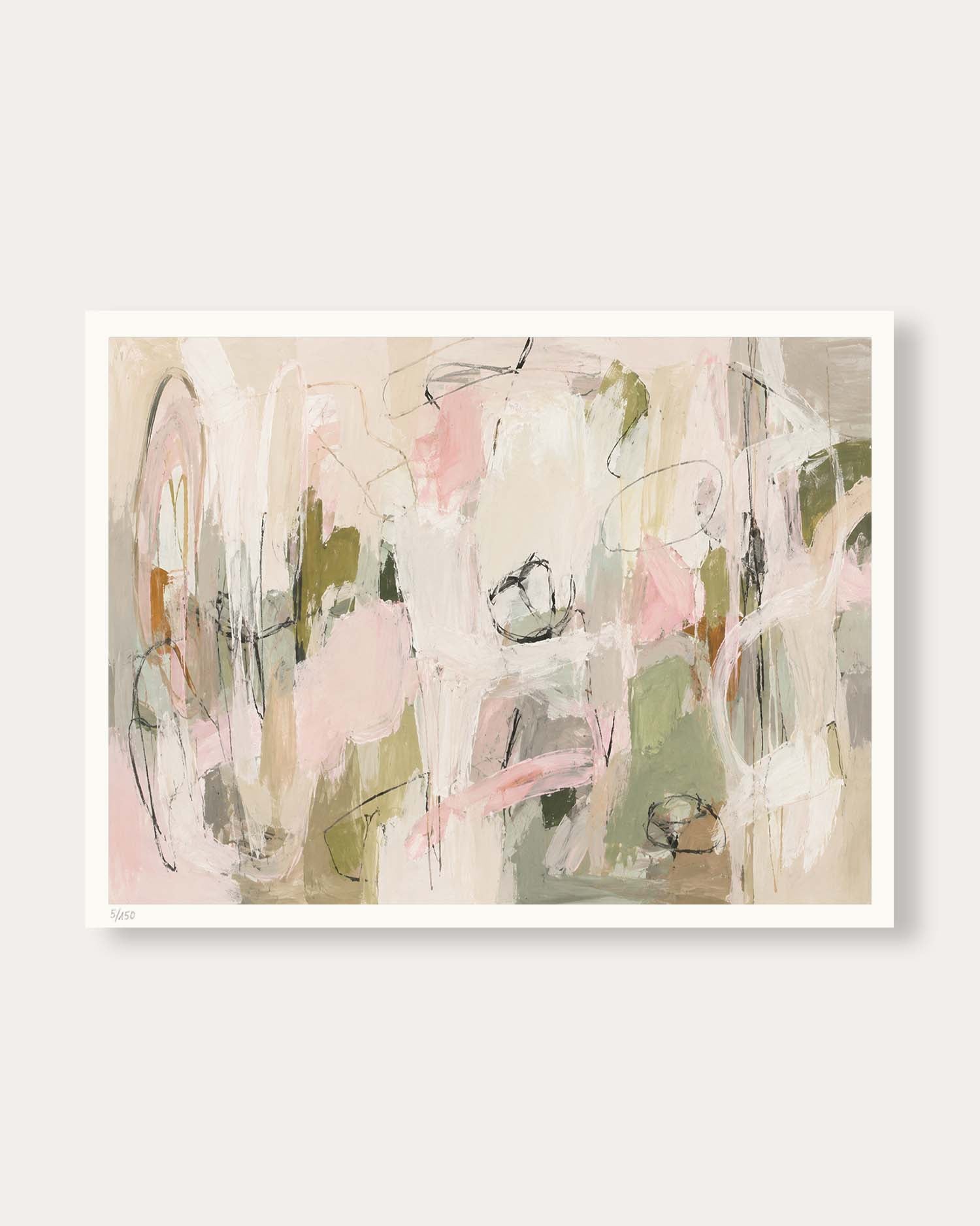 An abstract art print featuring a soft, minimalist composition with pastel pink, sage green, beige, and white brushstrokes, presented with a white border on a light gray background.
