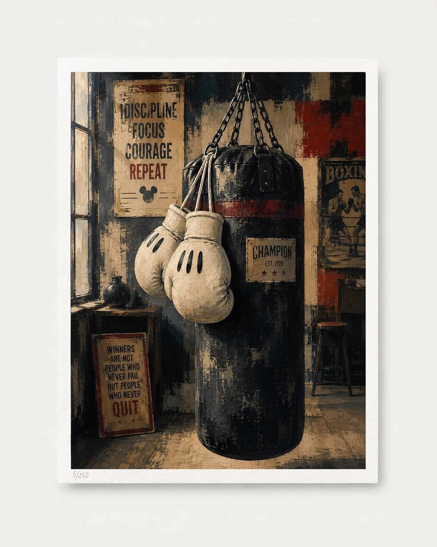 A framed art print featuring a vintage boxing scene with a hanging black punching bag, white boxing gloves, and distressed posters in a dim gym. The print is shown centered on a light gray background.