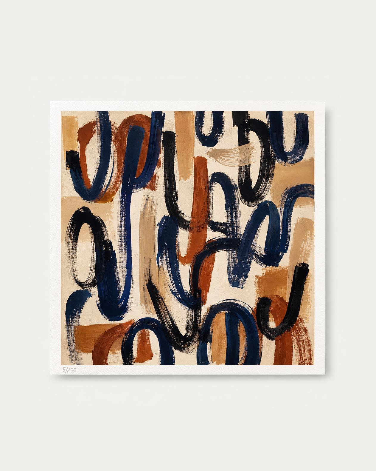 An abstract art print featuring expressive, fluid brushstrokes in navy blue, terracotta orange, and black on a warm beige background, presented with a white border against a light gray wall.