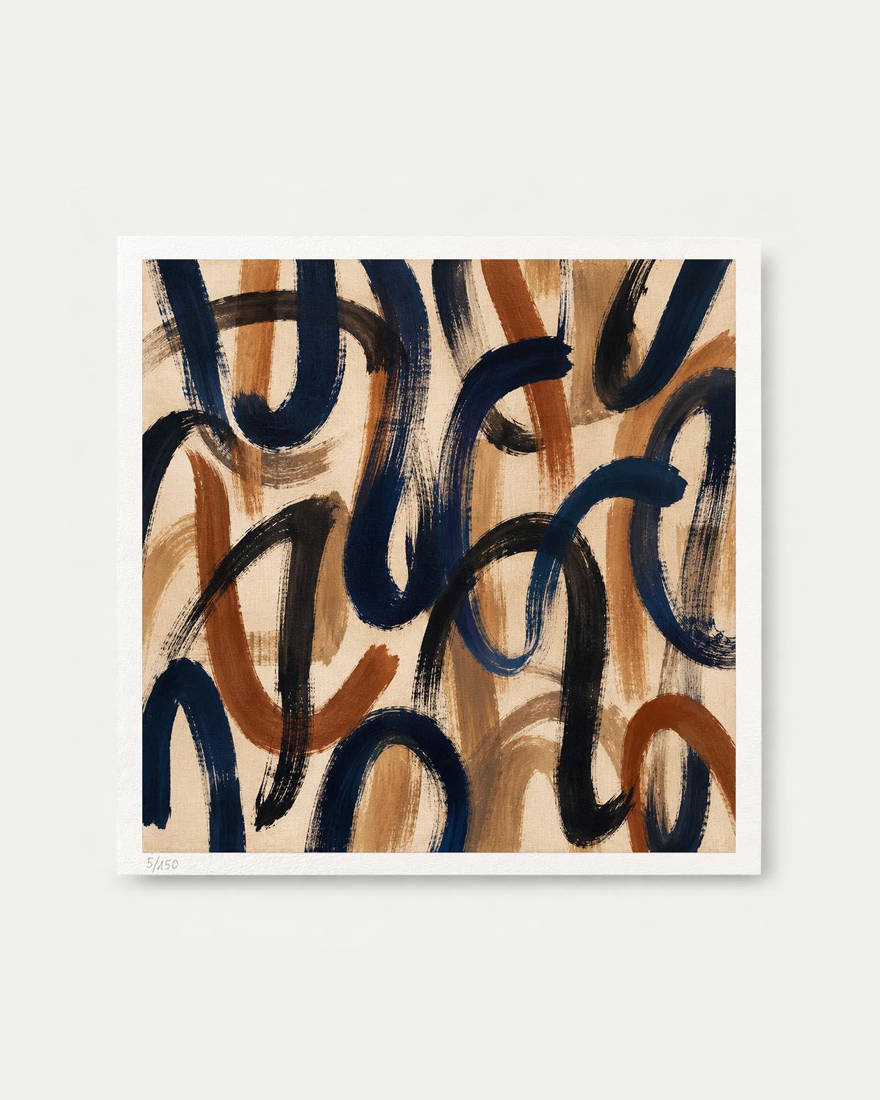 An abstract art print featuring expressive, flowing brushstrokes in navy blue, terracotta orange, and dark brown on a warm beige background, presented with a white border on a light gray background.
