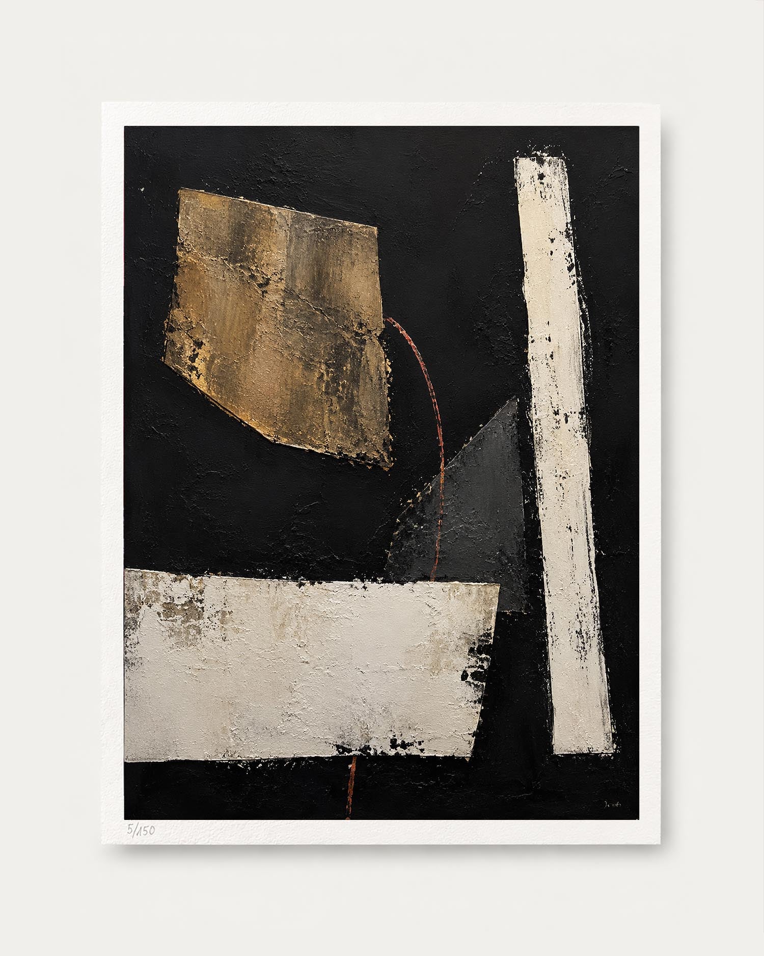 An abstract art print featuring textured geometric shapes in black, white, and gold, with a thin red curved line, presented on a light gray background.