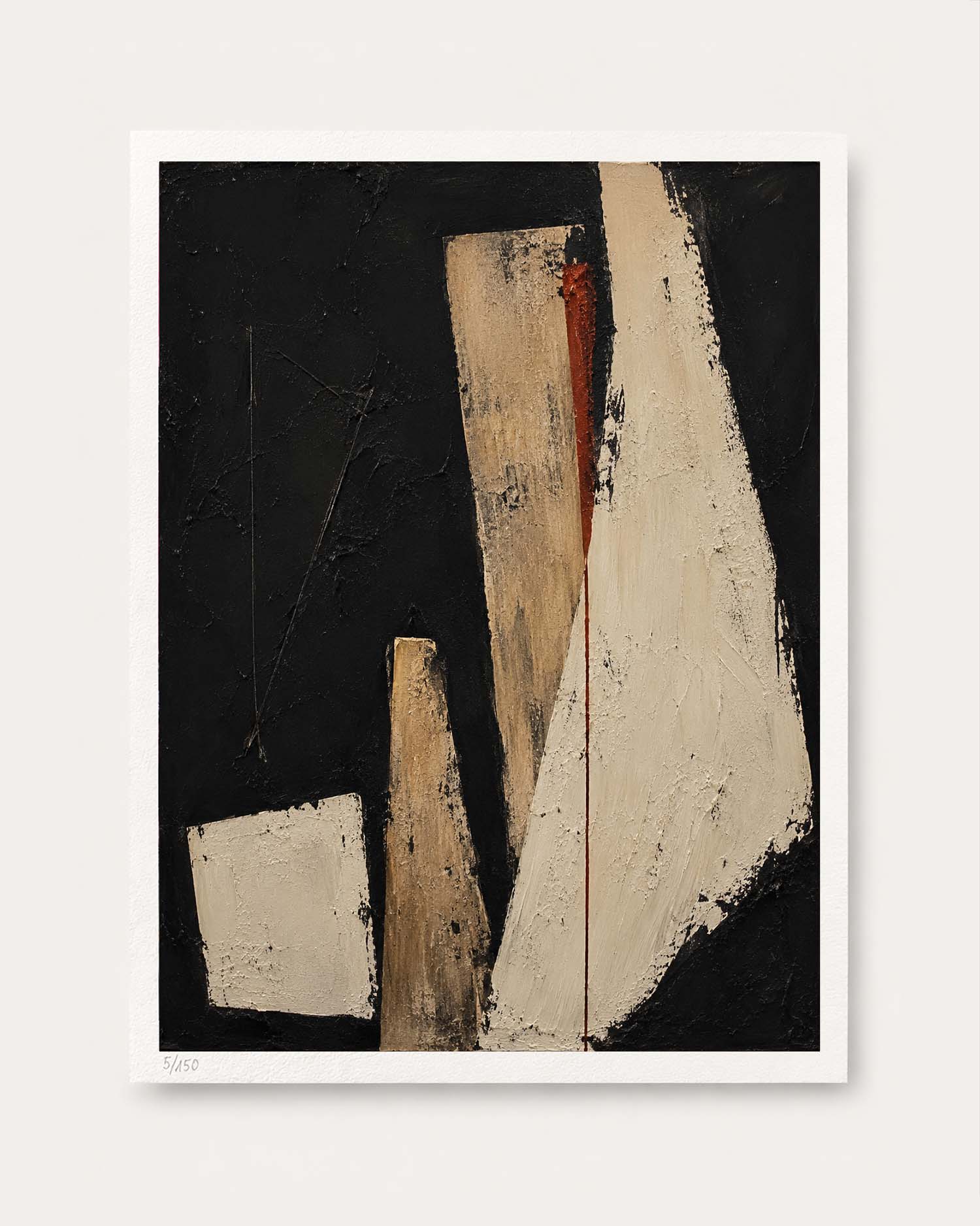 An abstract geometric art print featuring textured black, off-white, beige, and rust-red brushstrokes, presented on a clean white background.