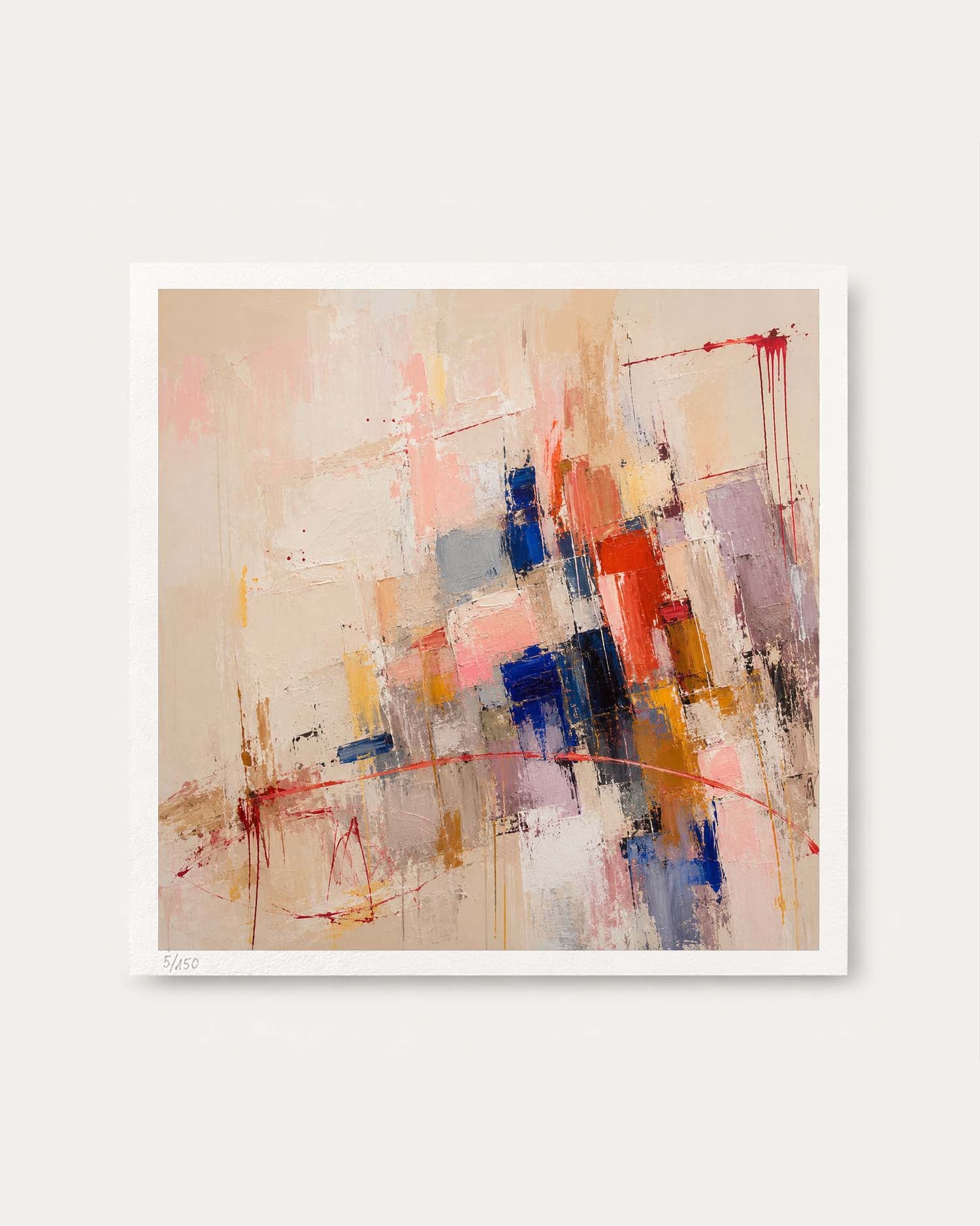 An abstract canvas painting featuring a mix of beige, pink, blue, red, and orange brushstrokes, presented as a square print with a white border against a light gray background.