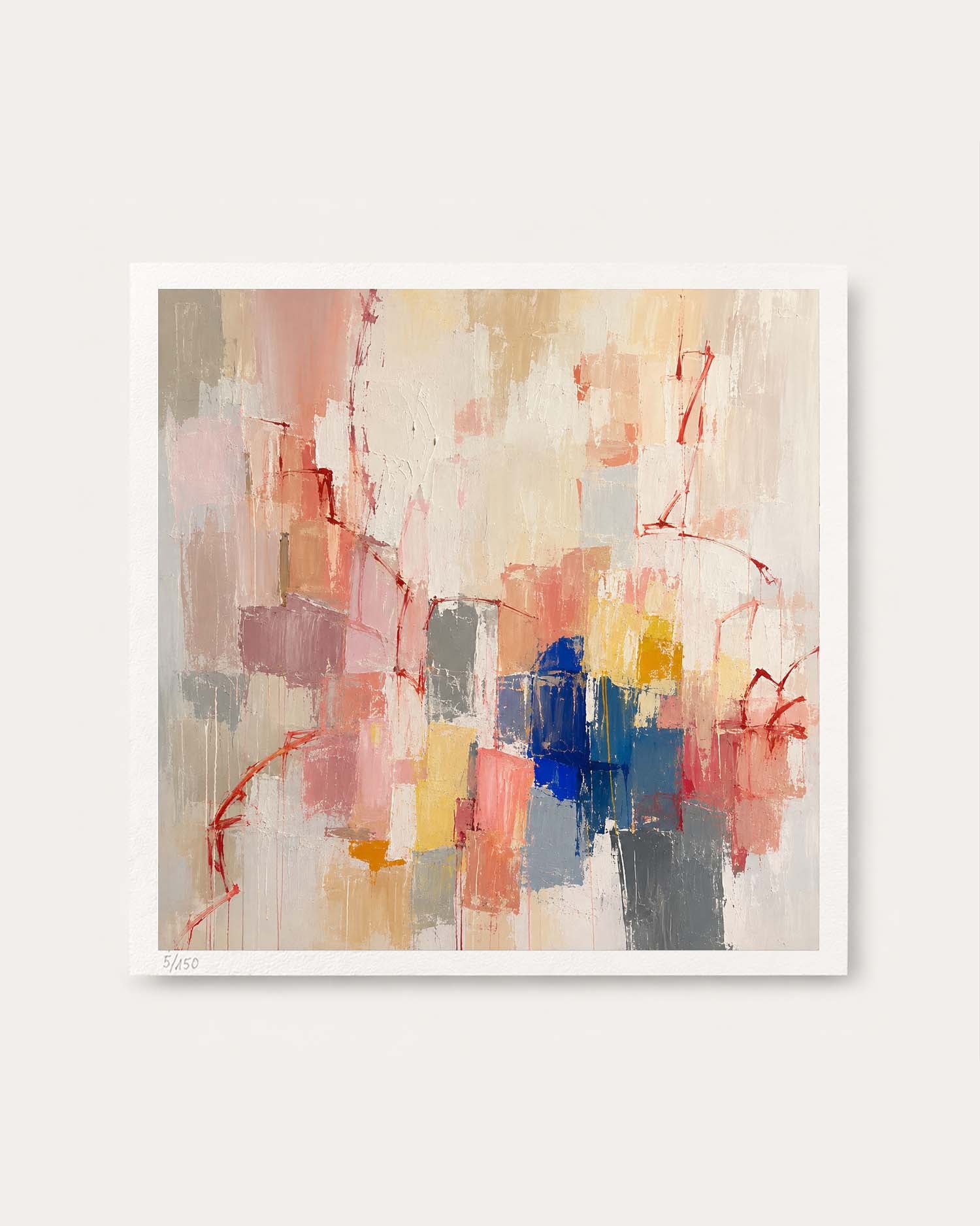 An abstract canvas painting featuring a mix of beige, pink, red, blue, yellow, and gray brushstrokes, presented with a white border on a light gray background.
