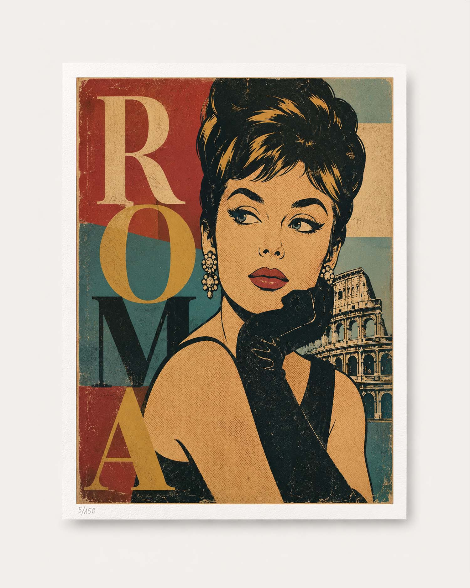 A vintage-style pop art poster featuring a stylized portrait of a woman with the word 'ROMA' in large letters and an illustration of the Colosseum in the background, shown against a light neutral wall.