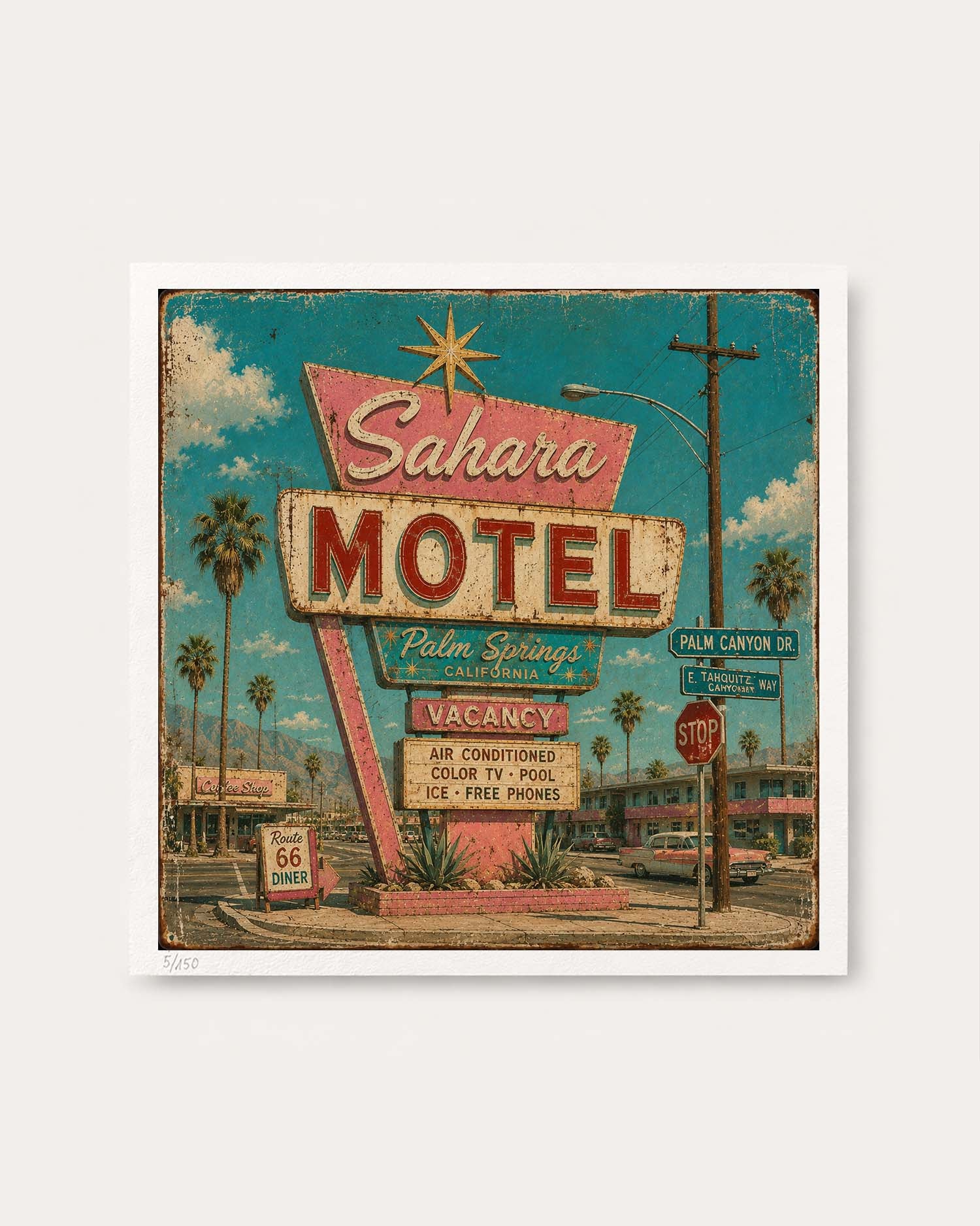 A square art print featuring a retro, distressed-style illustration of the Sahara Motel in Palm Springs, California. The print is displayed on a clean, light gray background with a subtle drop shadow.