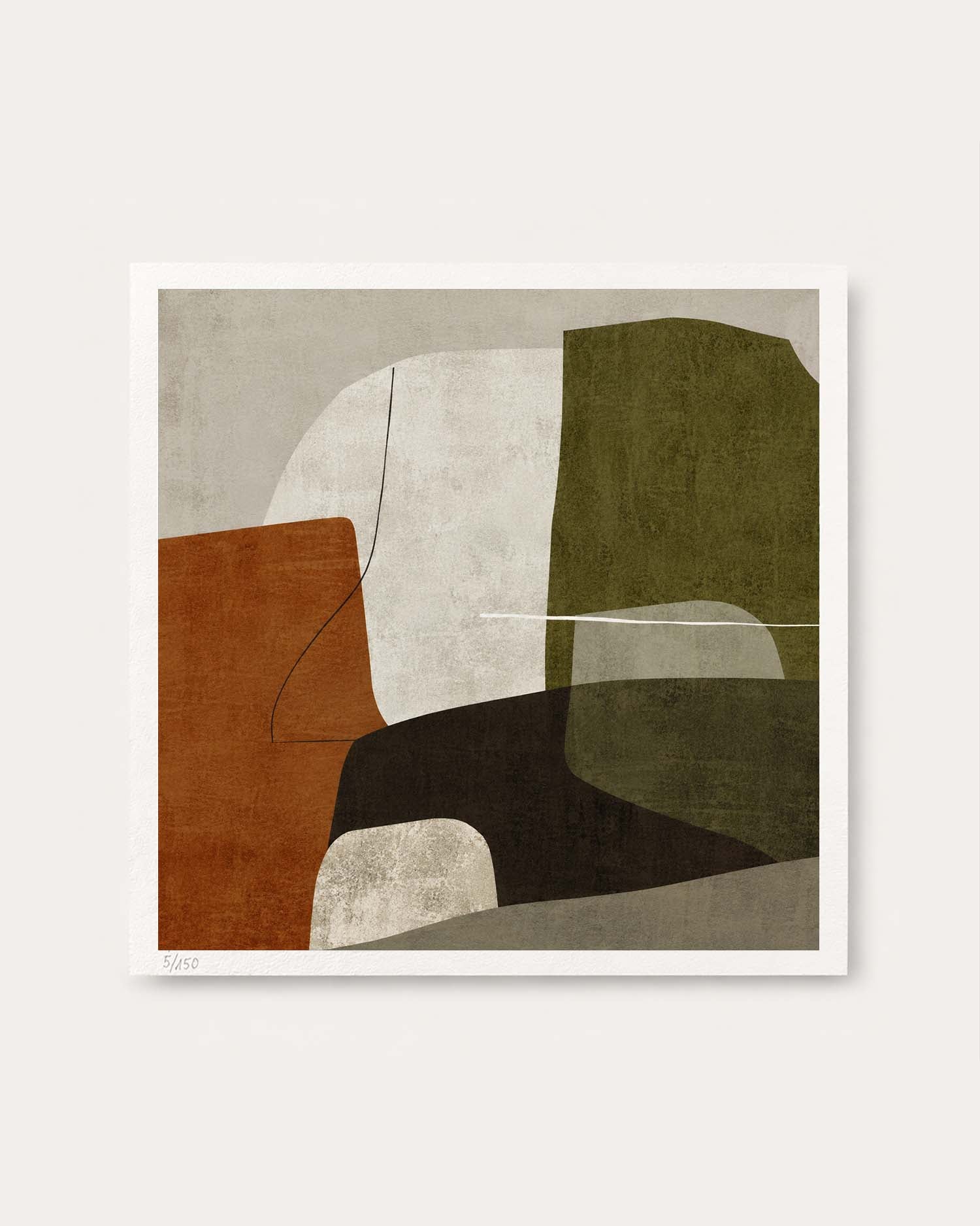 An abstract geometric art print featuring textured blocks of terracotta, olive green, cream, black, and gray, presented with a white border on a light beige background.