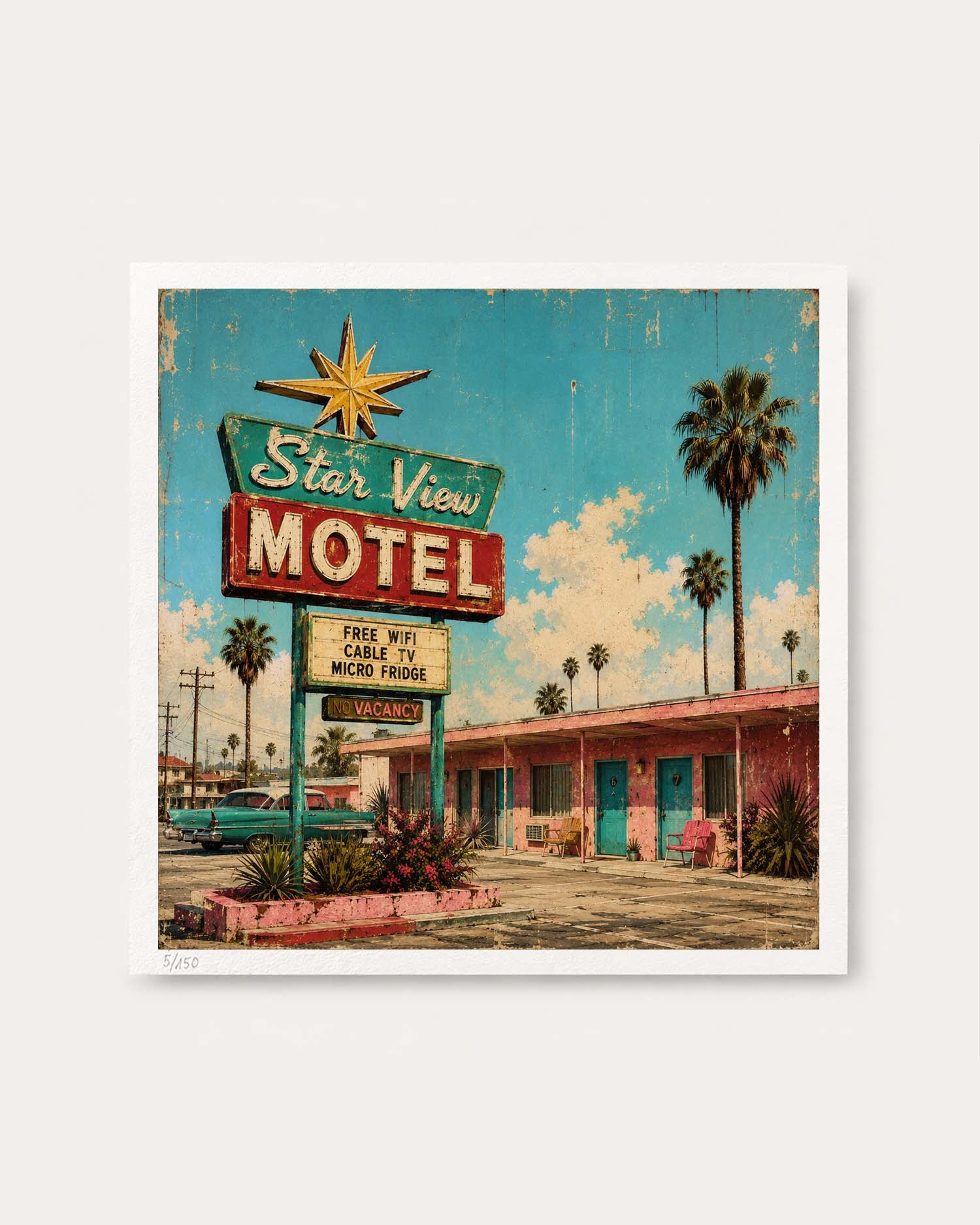 A square art print depicting a retro 1950s motel scene with a large 'Star View Motel' sign, palm trees, a pink building, and a turquoise sky, shown against a light gray background.