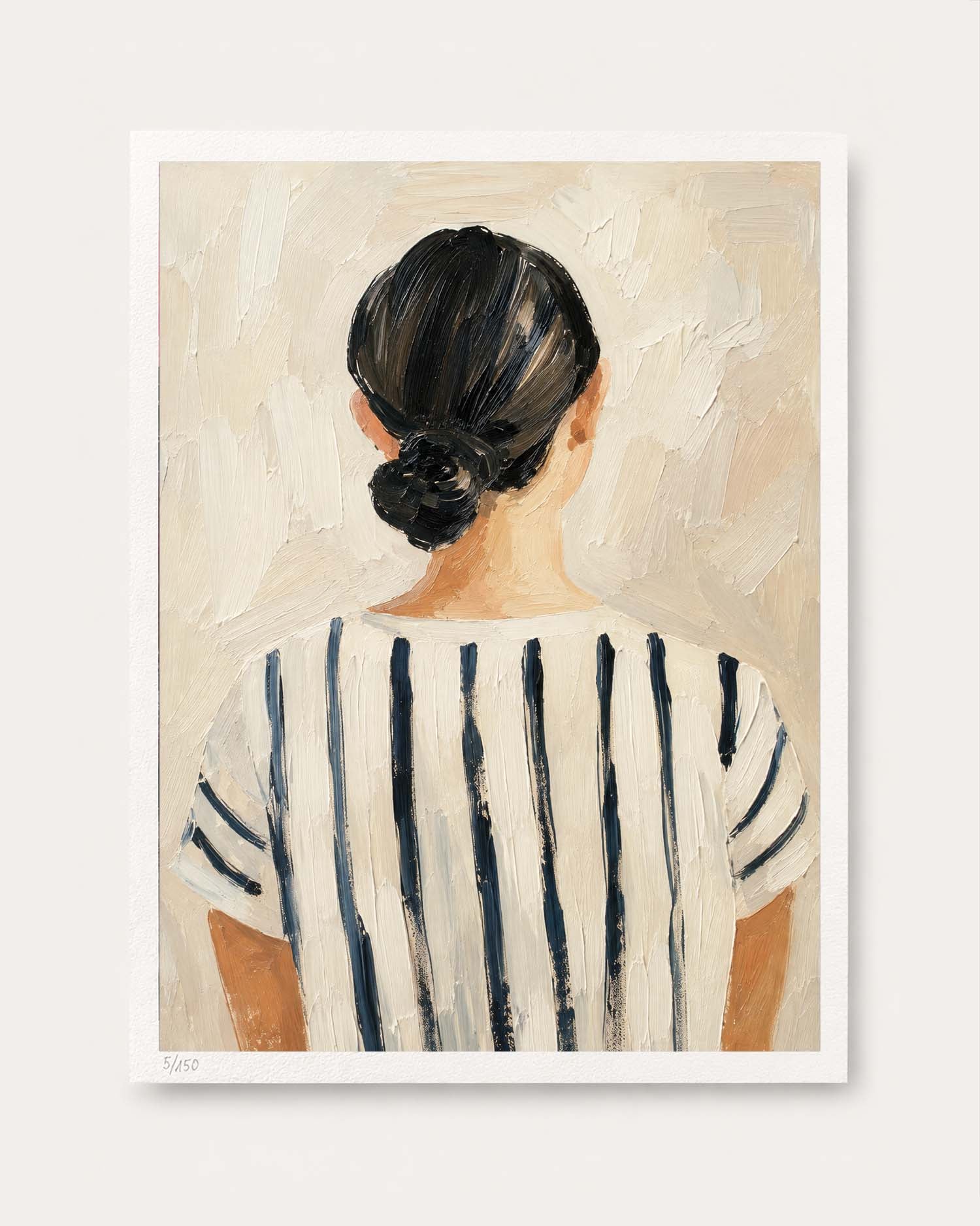 An art print depicting a woman from behind with her hair in a bun, wearing a black and white striped shirt, shown with a white border on a light background.