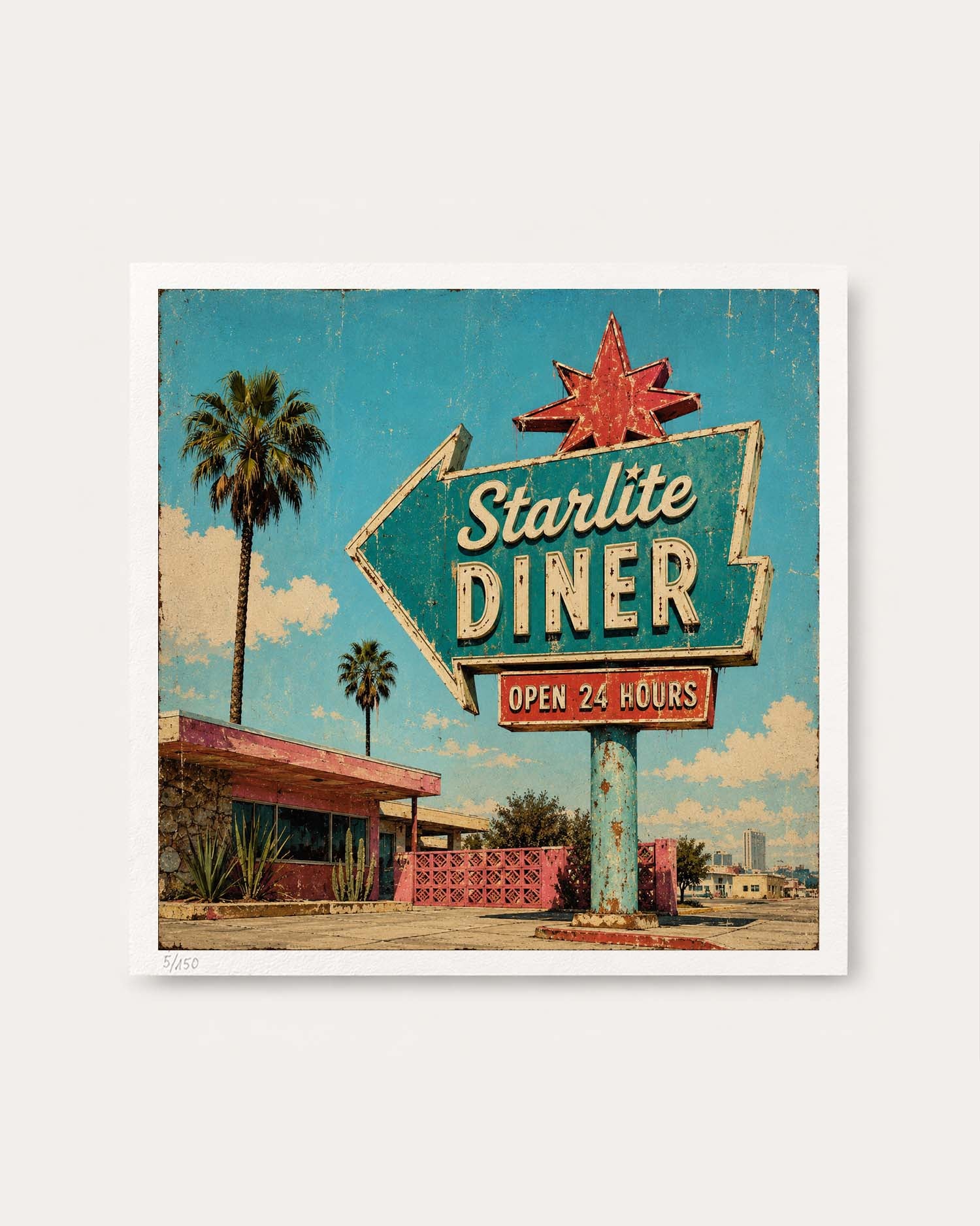 A square art print depicting a retro 1950s-style Starlite Diner sign with palm trees and a blue sky, shown centered on a light gray background.