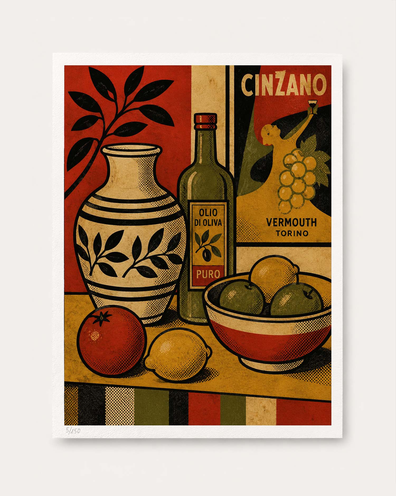 A vintage-style illustrated poster print featuring a still life scene with a patterned vase, olive oil bottle, fruit, and a Cinzano advertisement panel, shown against a light neutral background.