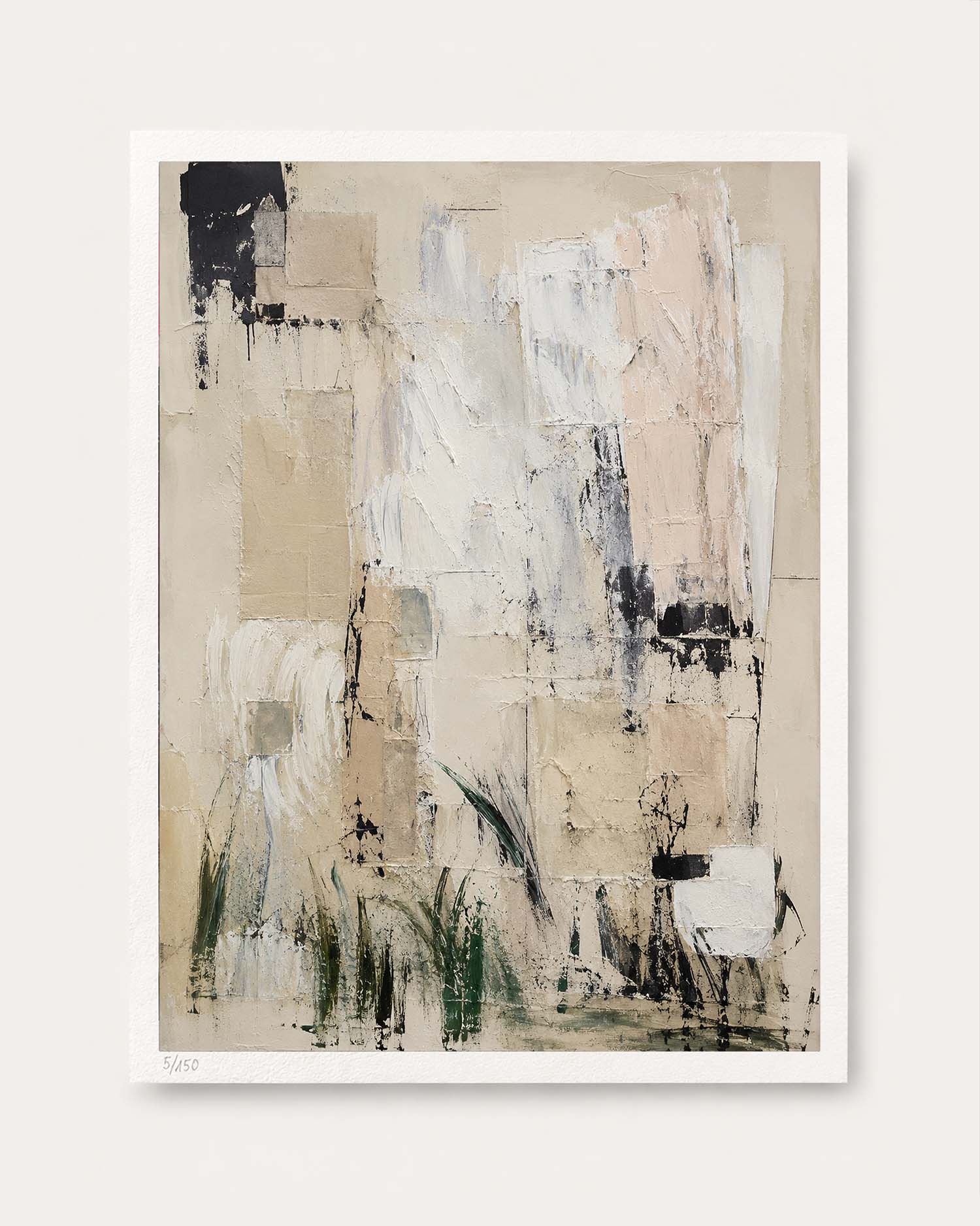 An abstract canvas art print featuring textured brushstrokes in beige, white, black, and soft pink, with a white border and a small signature at the bottom left, displayed against a light off-white background.