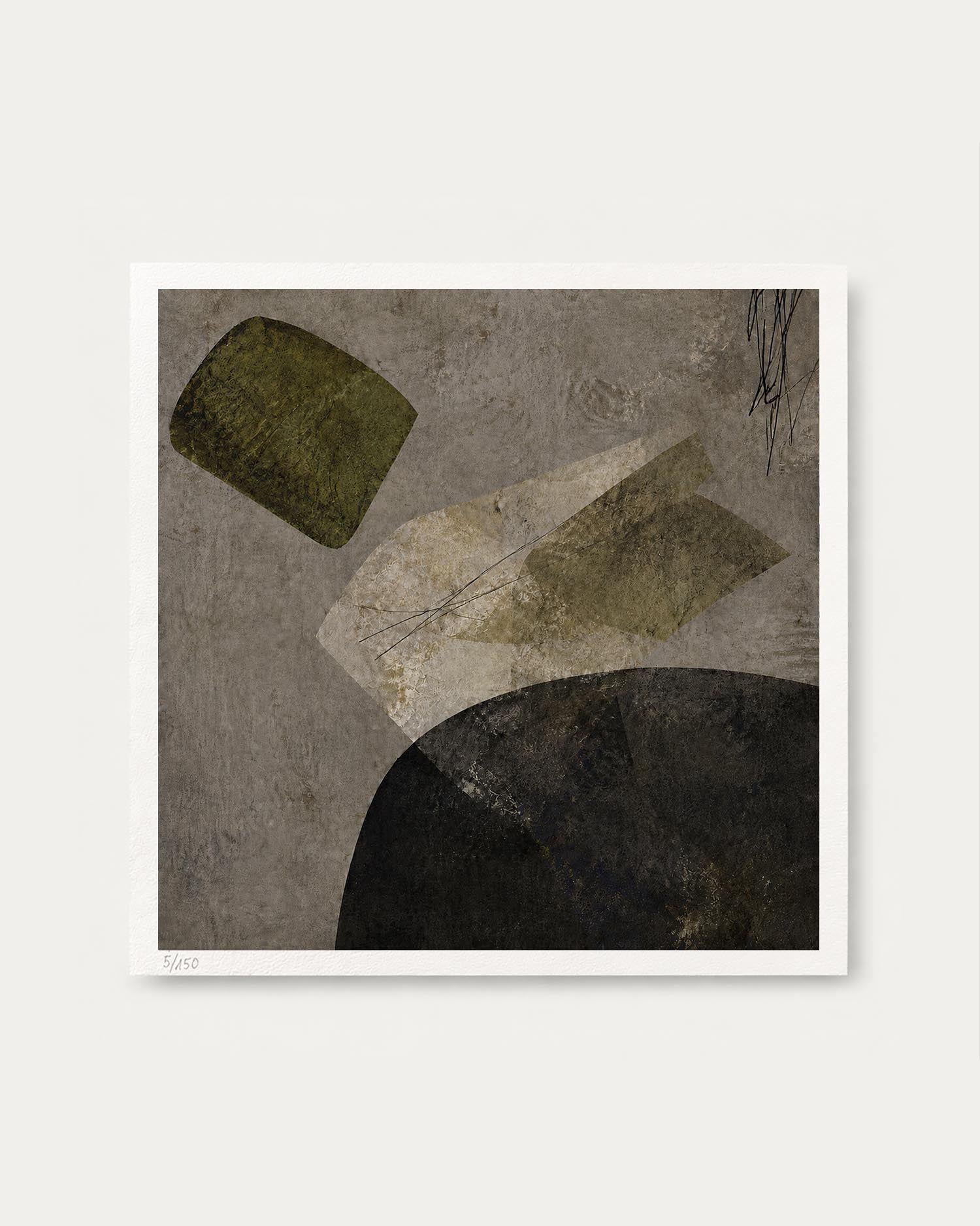 An abstract art print featuring textured geometric shapes in olive green, beige, and black on a gray background, presented with a white border against a light gray wall.