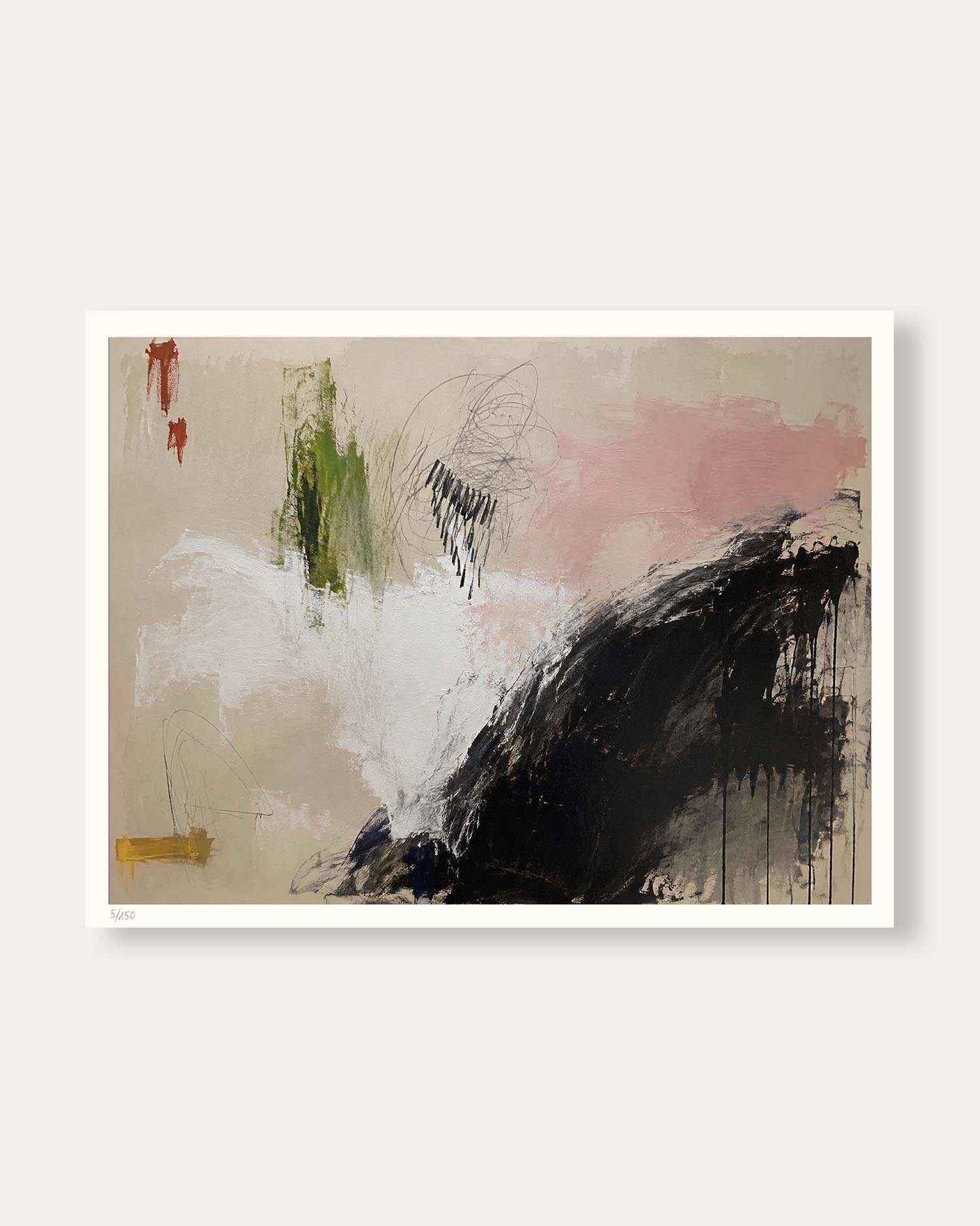 An abstract canvas art print featuring expressive brushstrokes in black, white, beige, pink, green, and red, presented with a white border against a light gray background.