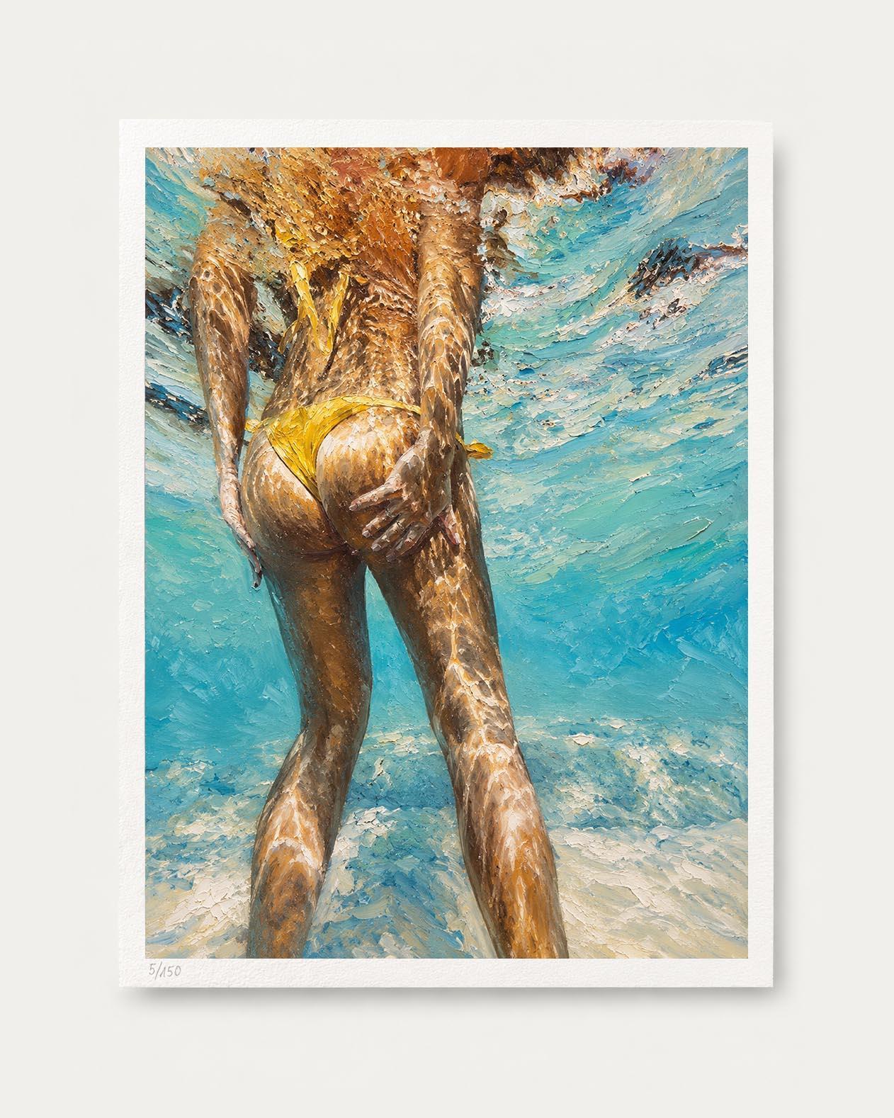 A framed art print featuring an underwater painting of a woman from behind in a yellow bikini, surrounded by blue water and golden light reflections, displayed against a light gray background.