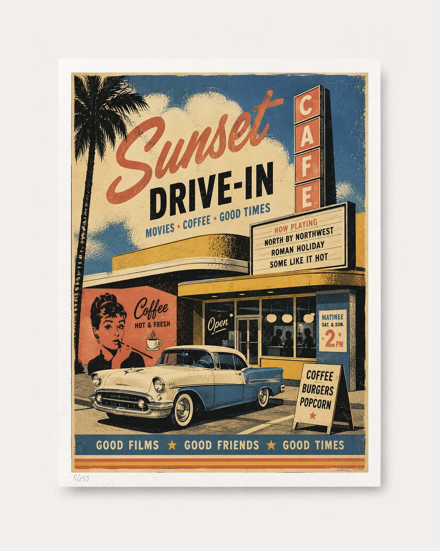 A retro-style poster print featuring a vintage cafe scene with the text 'Sunset Drive-In,' a palm tree, a blue-and-white classic car, and a marquee reading 'CAFE.' The artwork is shown centered on a light gray background.