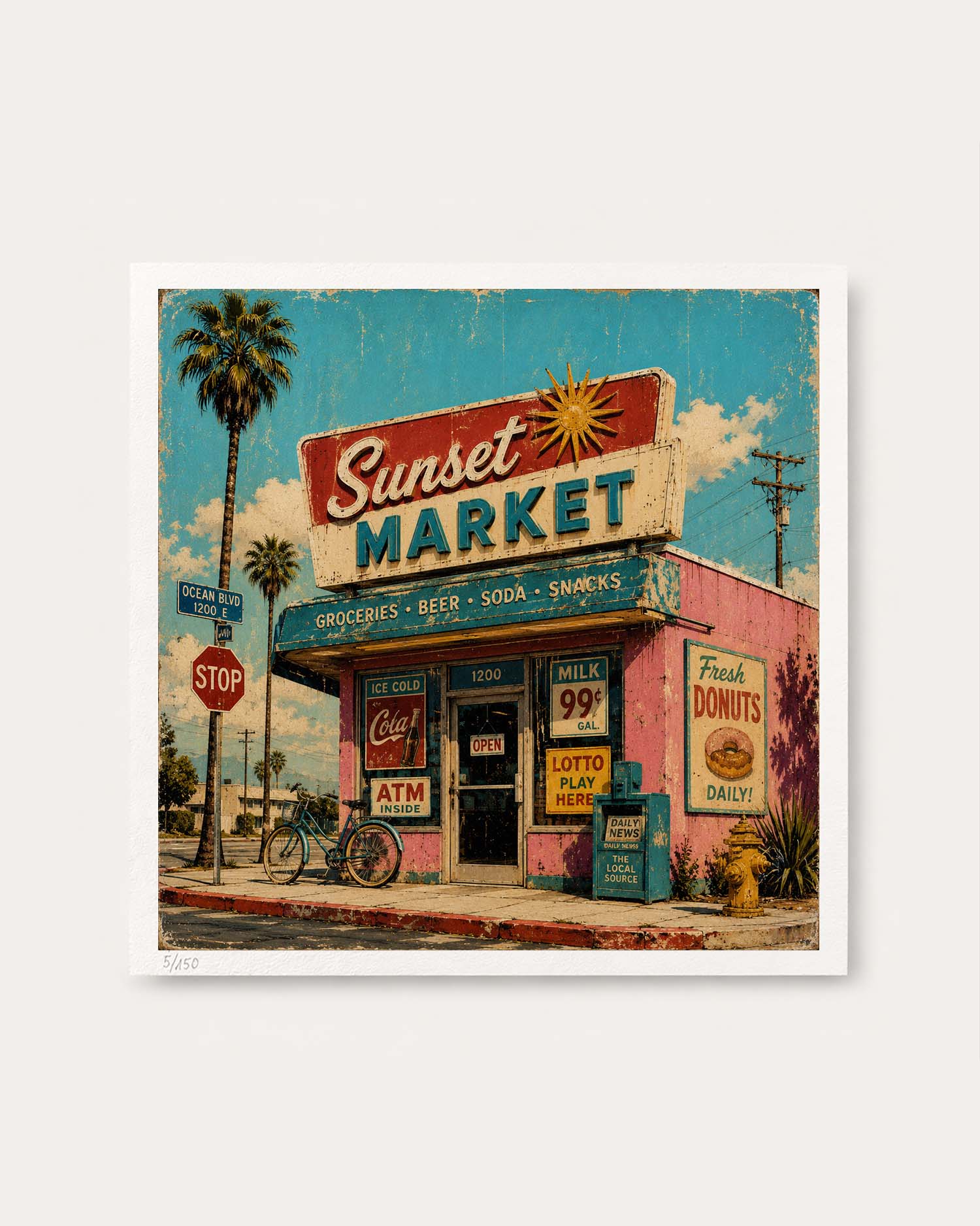 A square art print depicting a retro-style Sunset Market storefront with palm trees, a bicycle, vintage signs, and a pink building under a blue sky, shown against a white background.