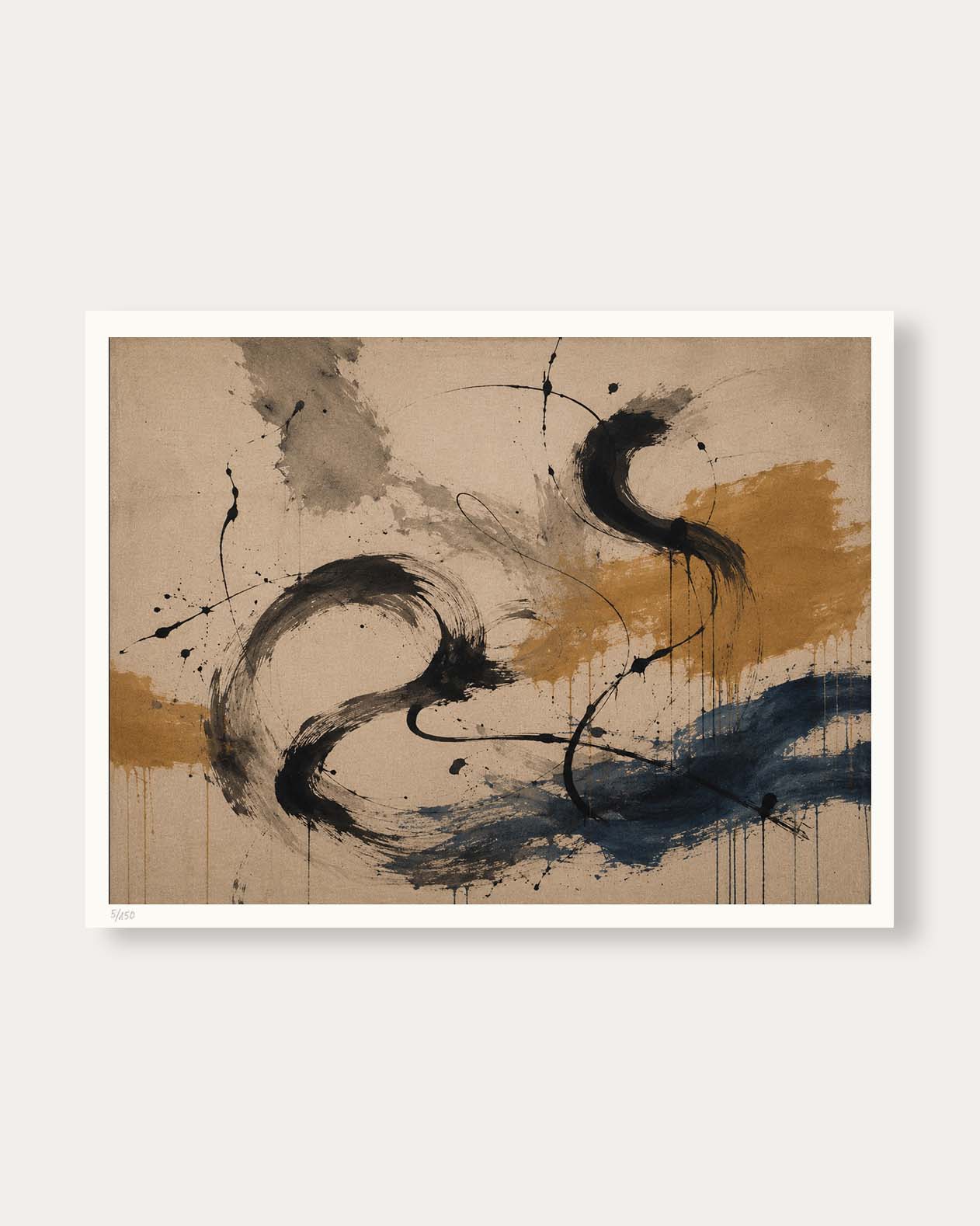 An abstract art print featuring expressive black brushstrokes, splatters, and a sweeping blue-green stroke over a textured beige background, presented with a white border on a light gray wall.
