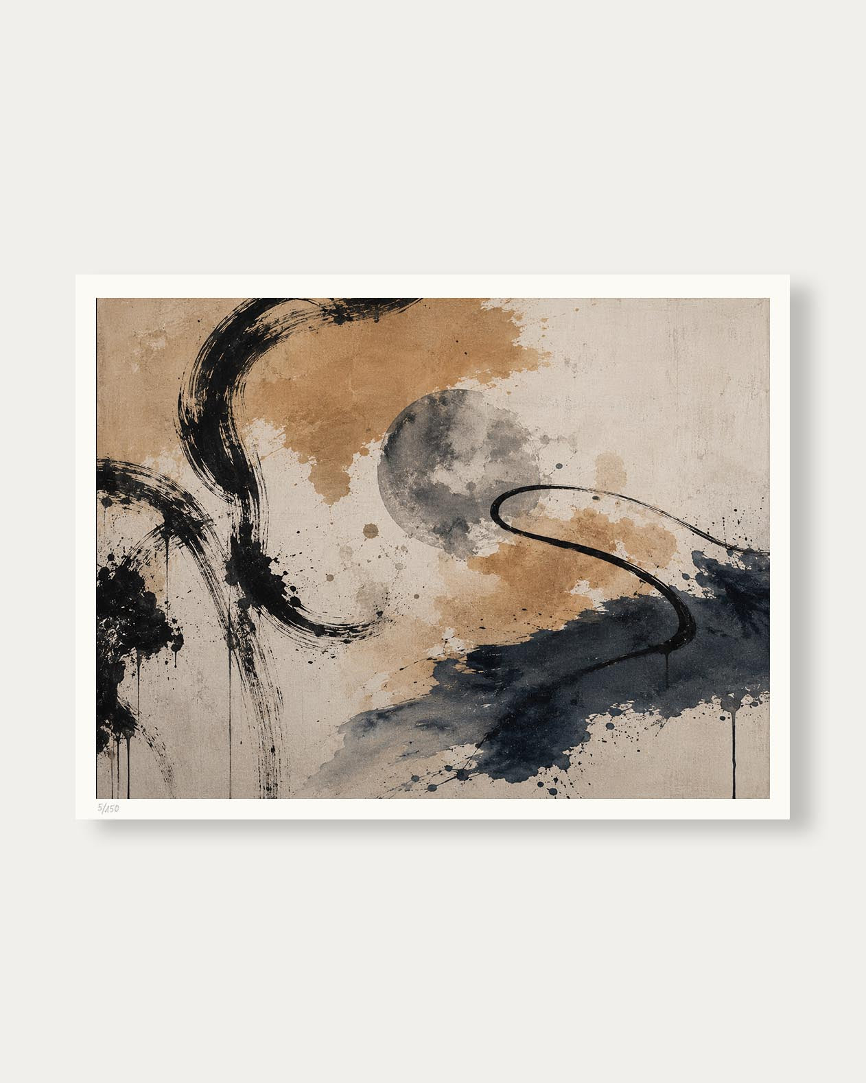 Abstract wall art print featuring expressive black brushstrokes and watercolor splashes in warm tan and charcoal gray on a textured beige background, shown with a white border against a light gray wall.