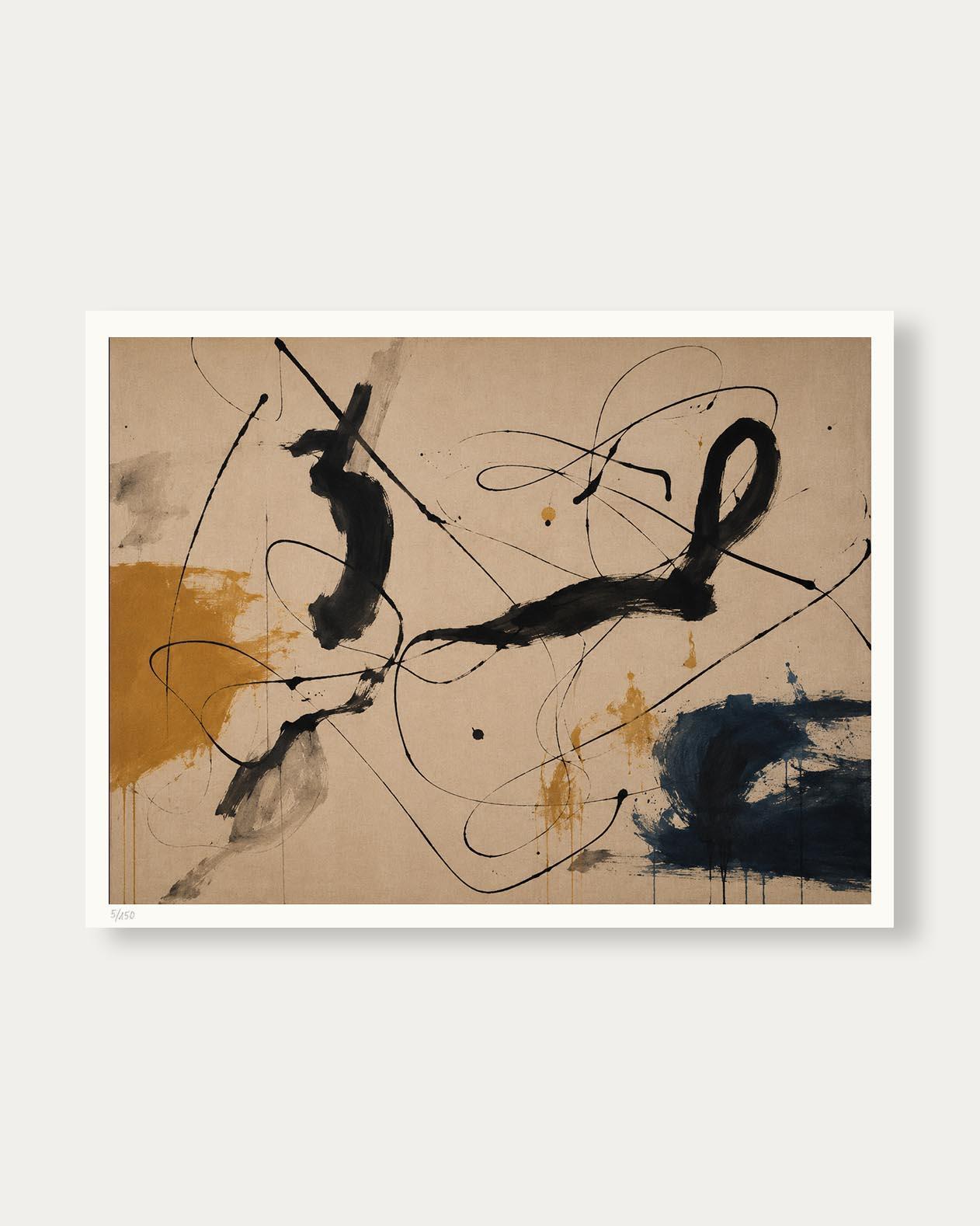 An abstract canvas art print featuring black fluid brushstrokes and splatters on a warm beige background, with a white border and drop shadow, displayed against a light gray wall.