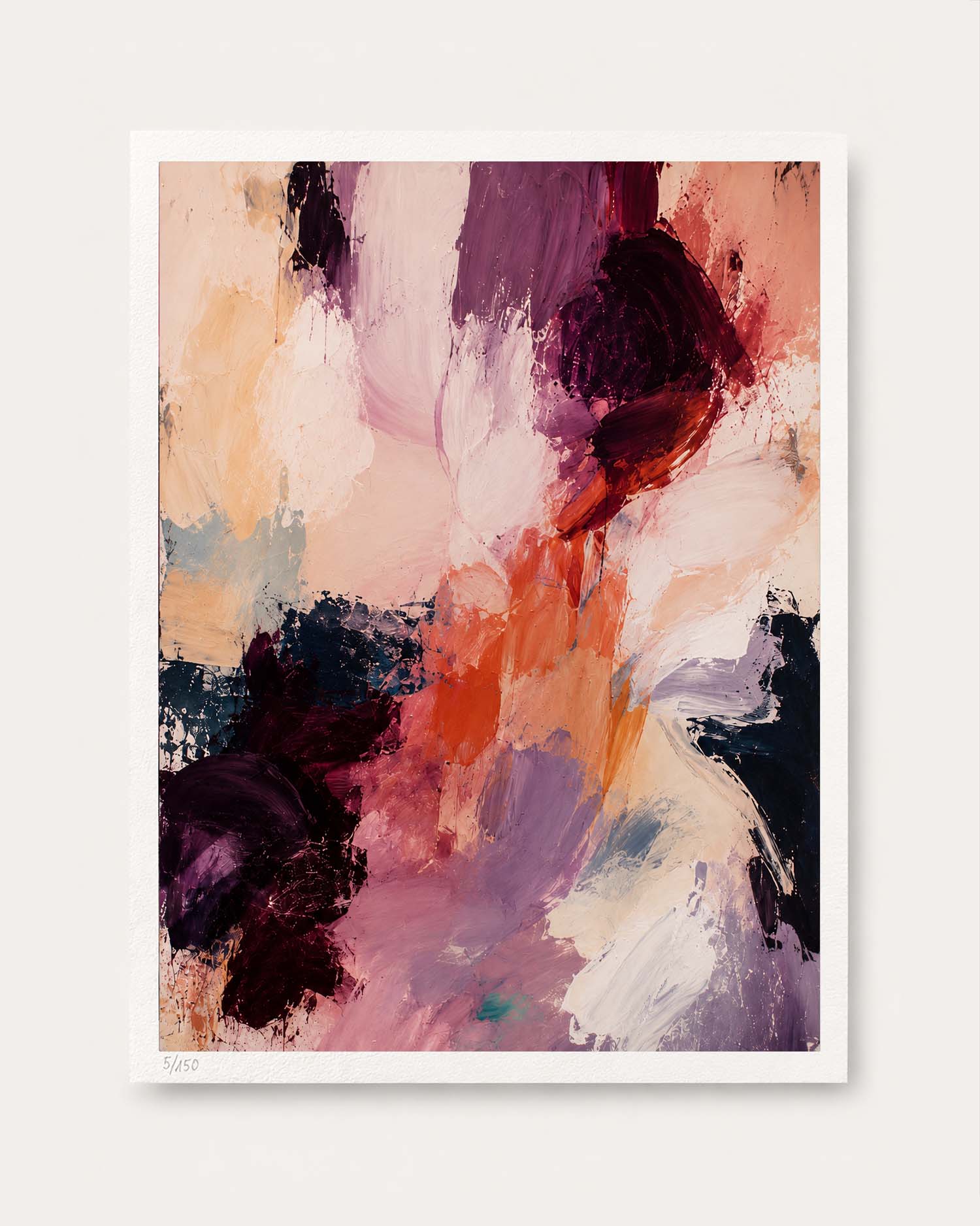 An abstract art print featuring expressive brushstrokes in shades of purple, pink, orange, cream, and dark navy, presented on a clean white background.